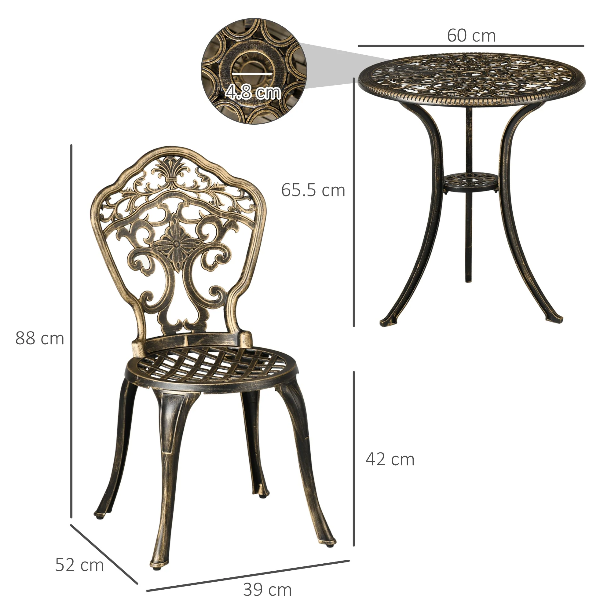 3-Piece Cast Aluminium Garden Bistro Set for 3 with Parasol Hole - Image 3