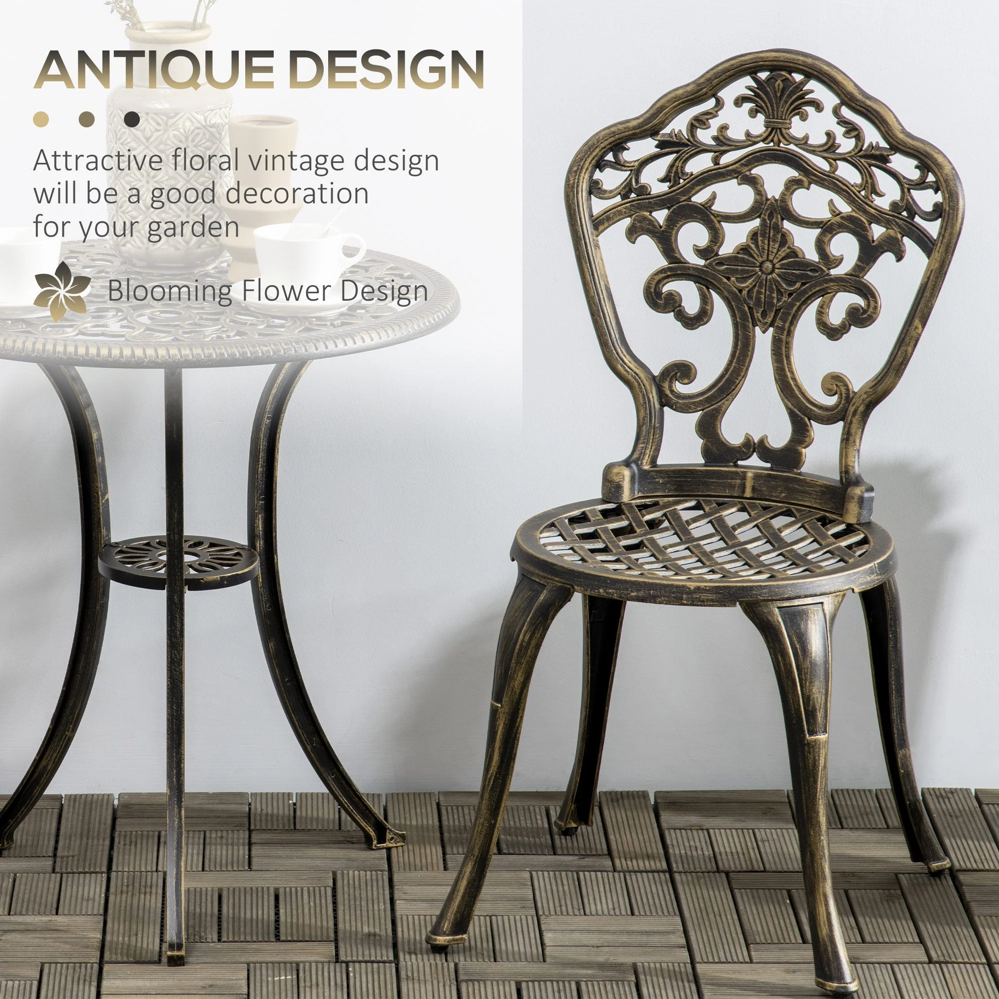 3-Piece Cast Aluminium Garden Bistro Set for 3 with Parasol Hole - Image 4
