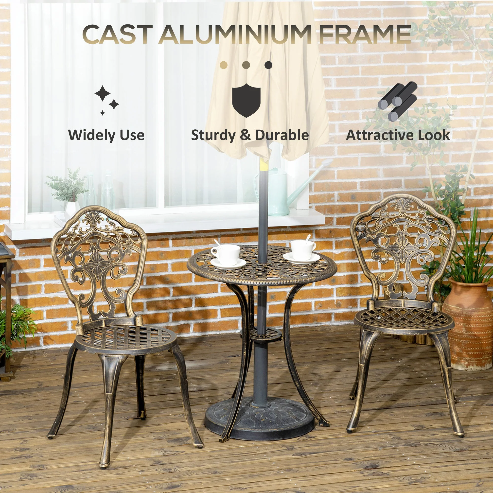 3-Piece Cast Aluminium Garden Bistro Set for 3 with Parasol Hole - Image 5