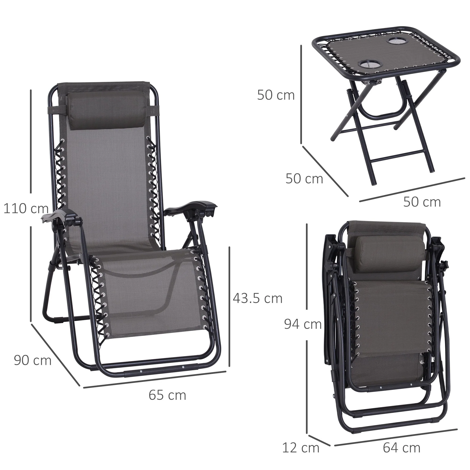 3-Piece Folding Zero Gravity Chairs Sun Lounger Table Set w/ Cup Holders Reclining Garden Yard Pool - Image 2