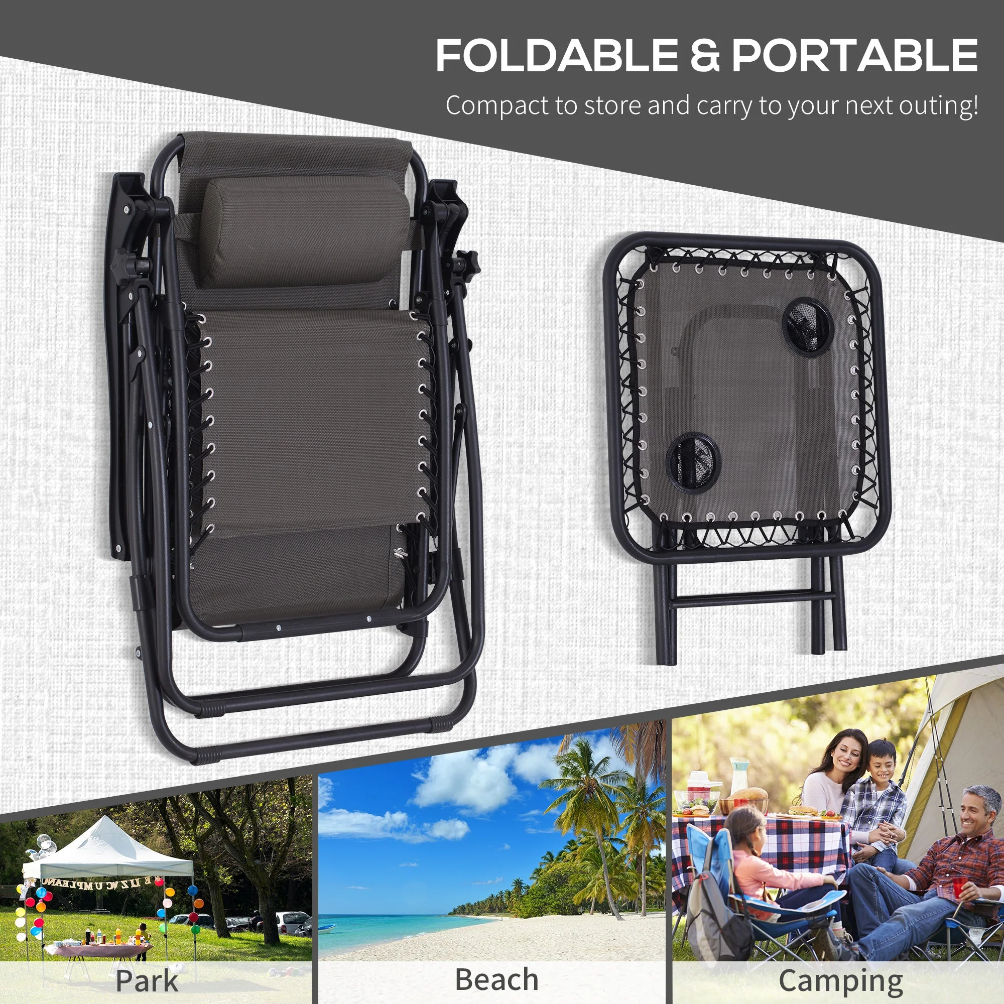 3-Piece Folding Zero Gravity Chairs Sun Lounger Table Set w/ Cup Holders Reclining Garden Yard Pool - Image 5