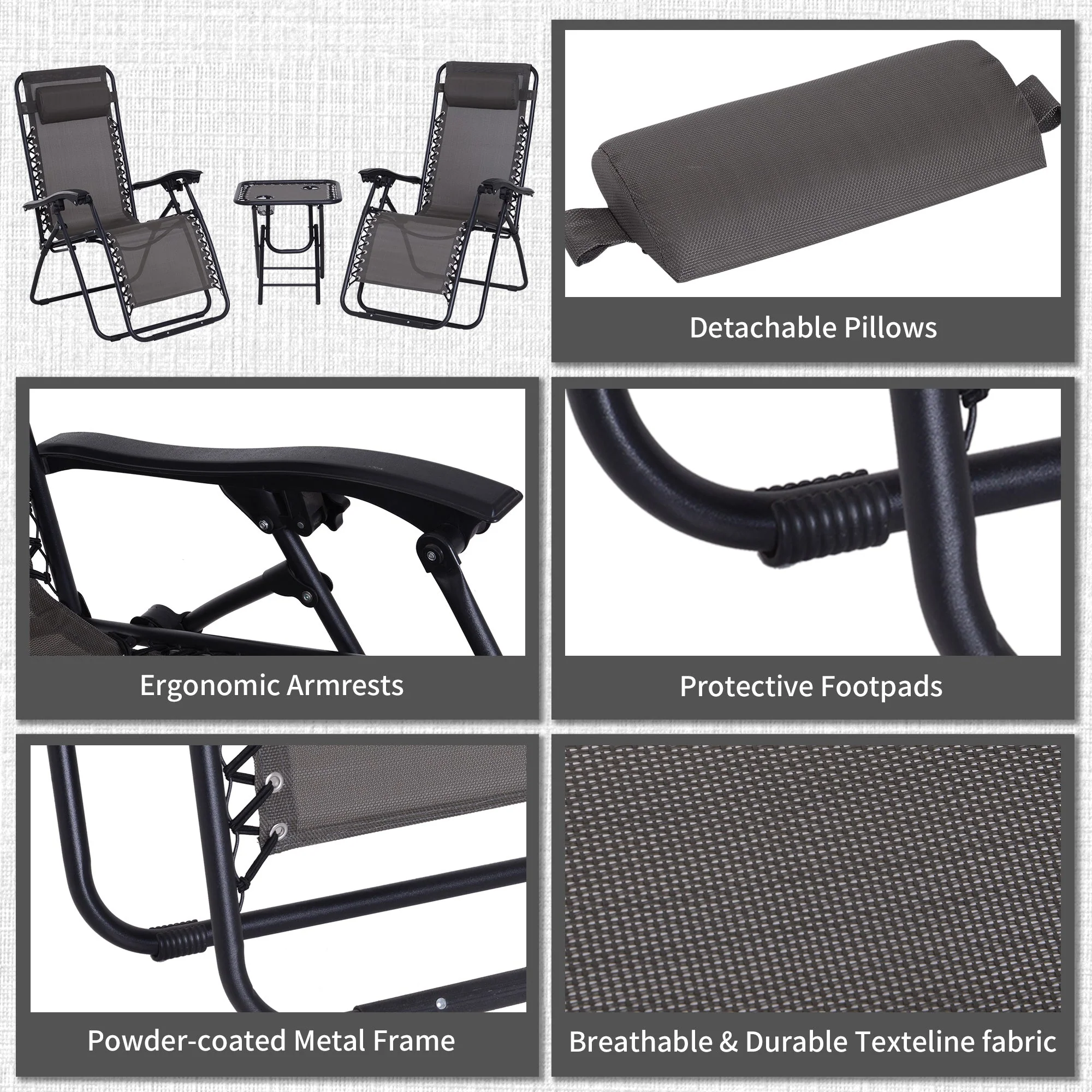 3-Piece Folding Zero Gravity Chairs Sun Lounger Table Set w/ Cup Holders Reclining Garden Yard Pool - Image 6