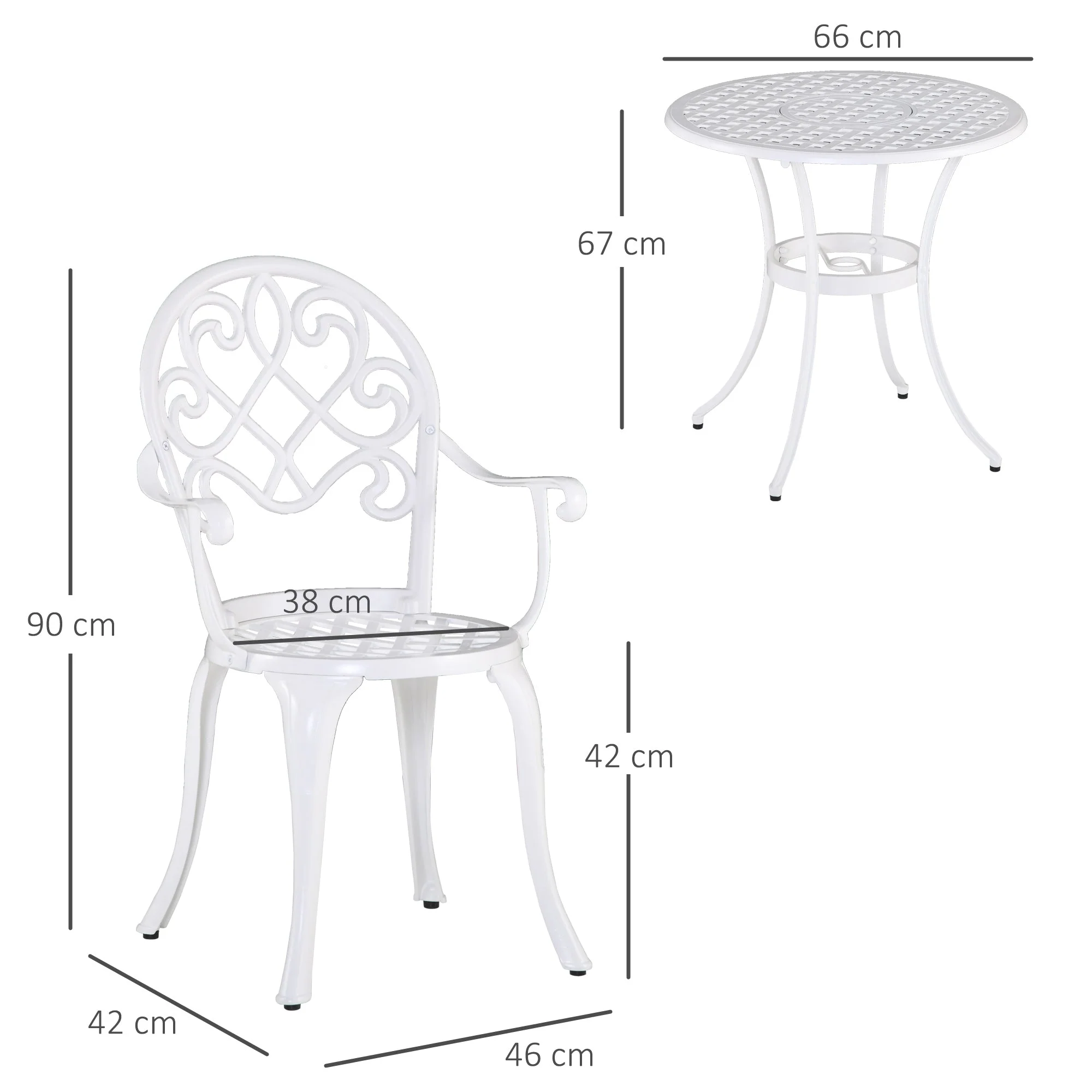 3-Piece Garden Bistro Set Cast Aluminium Round Table with 2 Chairs for Outdoor Patio Balcony White - Image 2