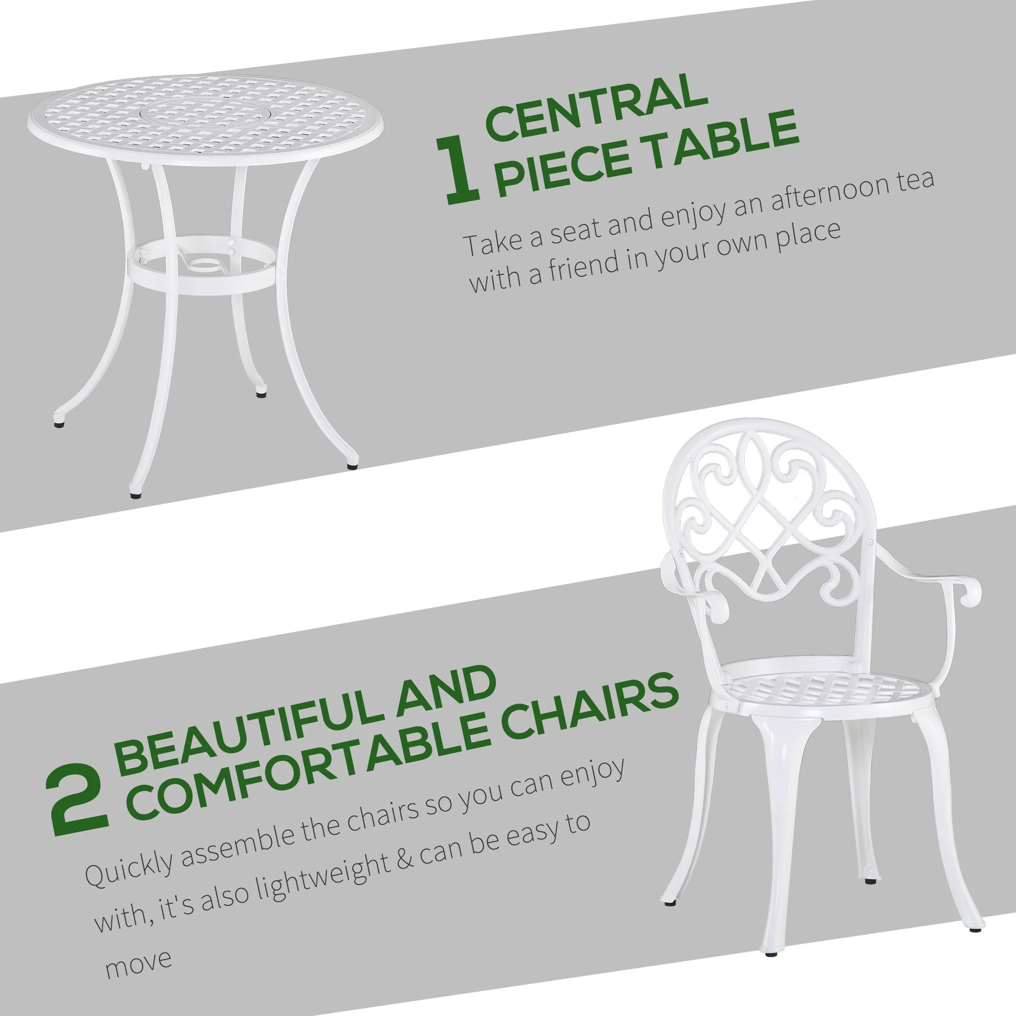 3-Piece Garden Bistro Set Cast Aluminium Round Table with 2 Chairs for Outdoor Patio Balcony White - Image 3