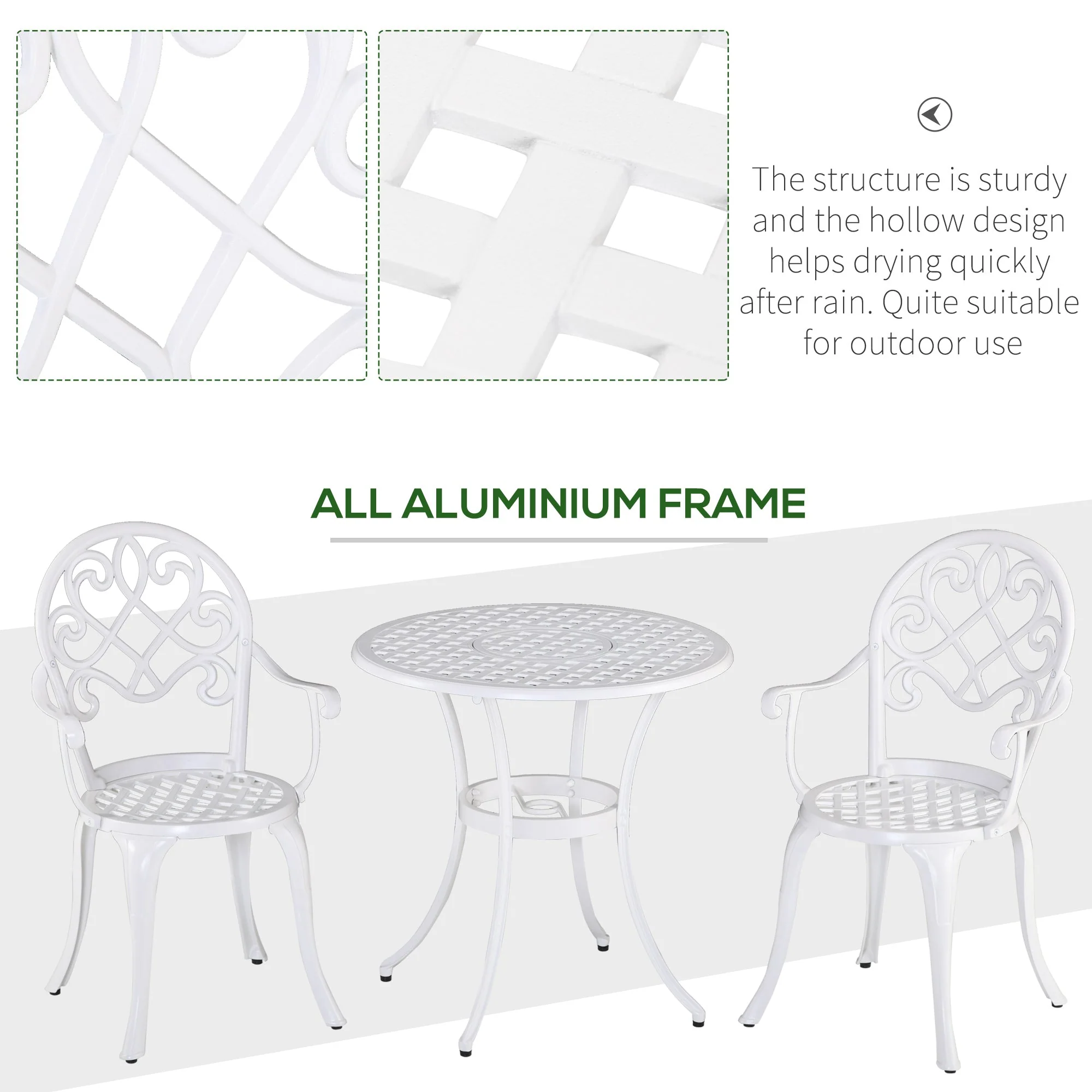 3-Piece Garden Bistro Set Cast Aluminium Round Table with 2 Chairs for Outdoor Patio Balcony White - Image 4