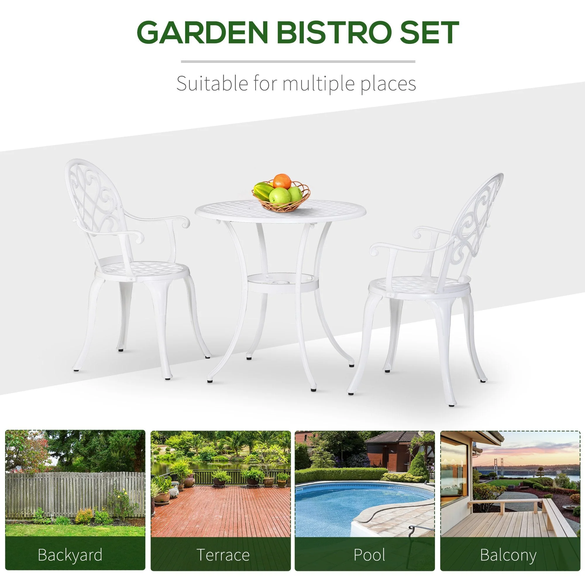 3-Piece Garden Bistro Set Cast Aluminium Round Table with 2 Chairs for Outdoor Patio Balcony White - Image 5