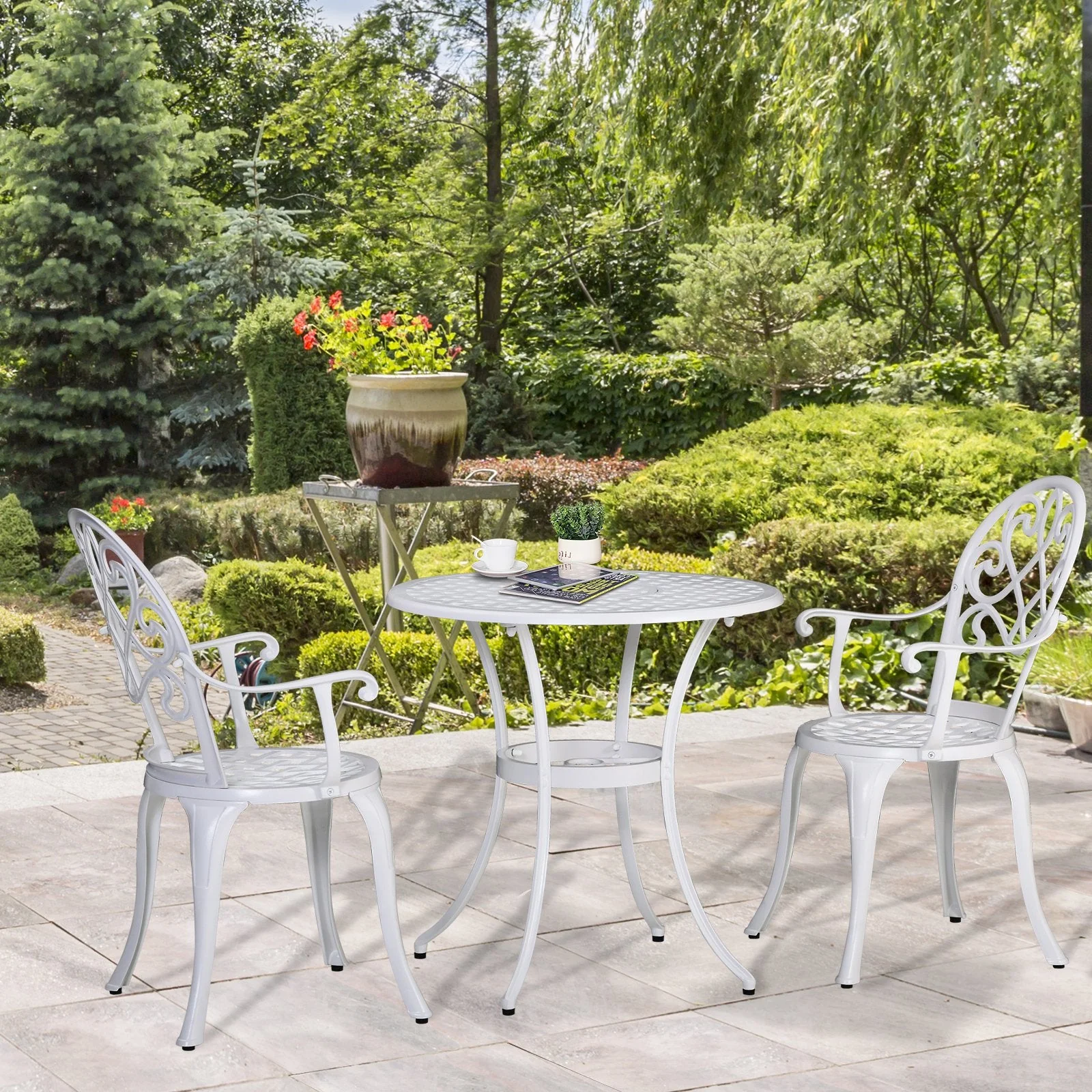 3-Piece Garden Bistro Set Cast Aluminium Round Table with 2 Chairs for Outdoor Patio Balcony White - Image 8