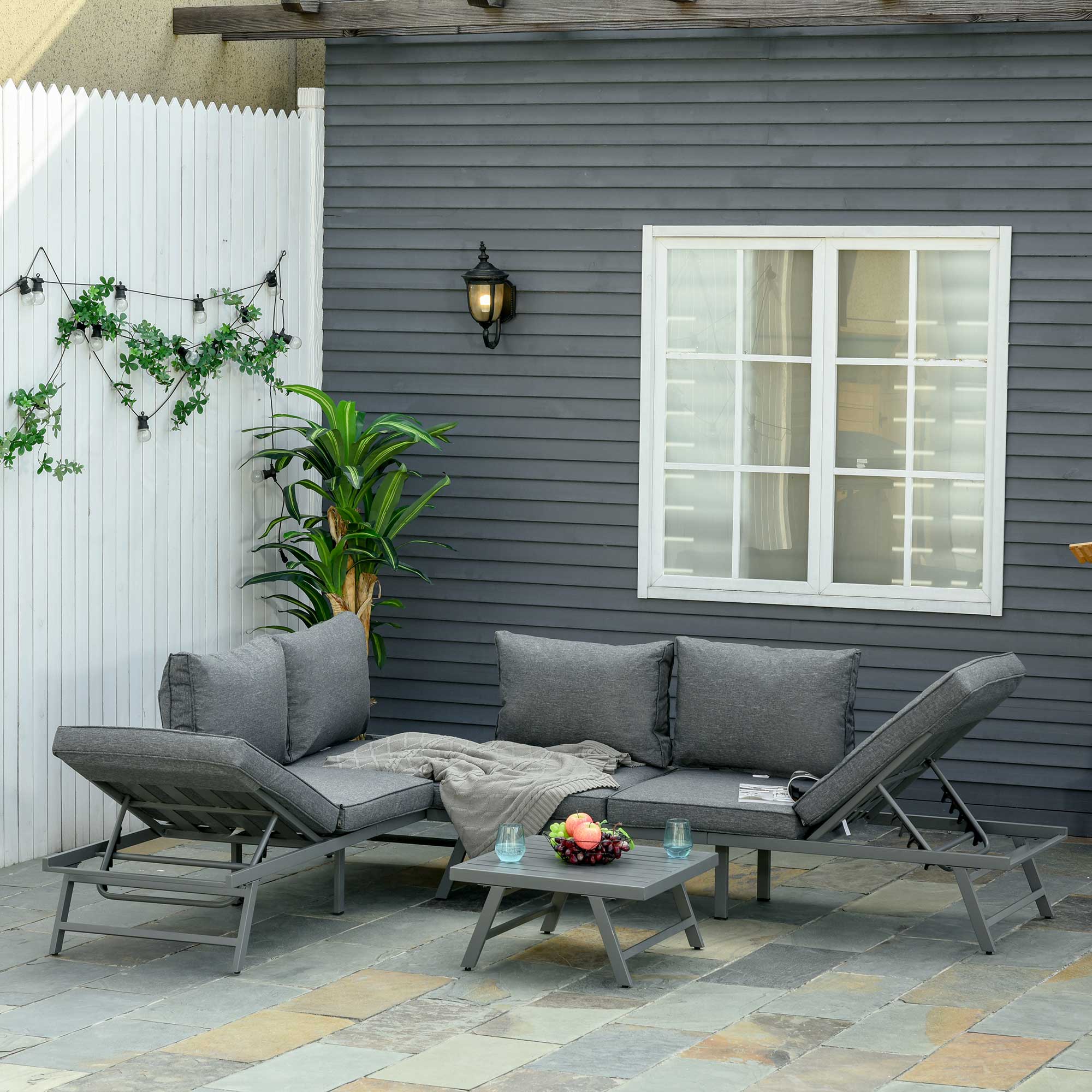3-Piece Garden Seating Set w/ Convertible Sofa Lounge Table Padded Cushions Outdoor Patio Furniture Couch Grey - Image 2