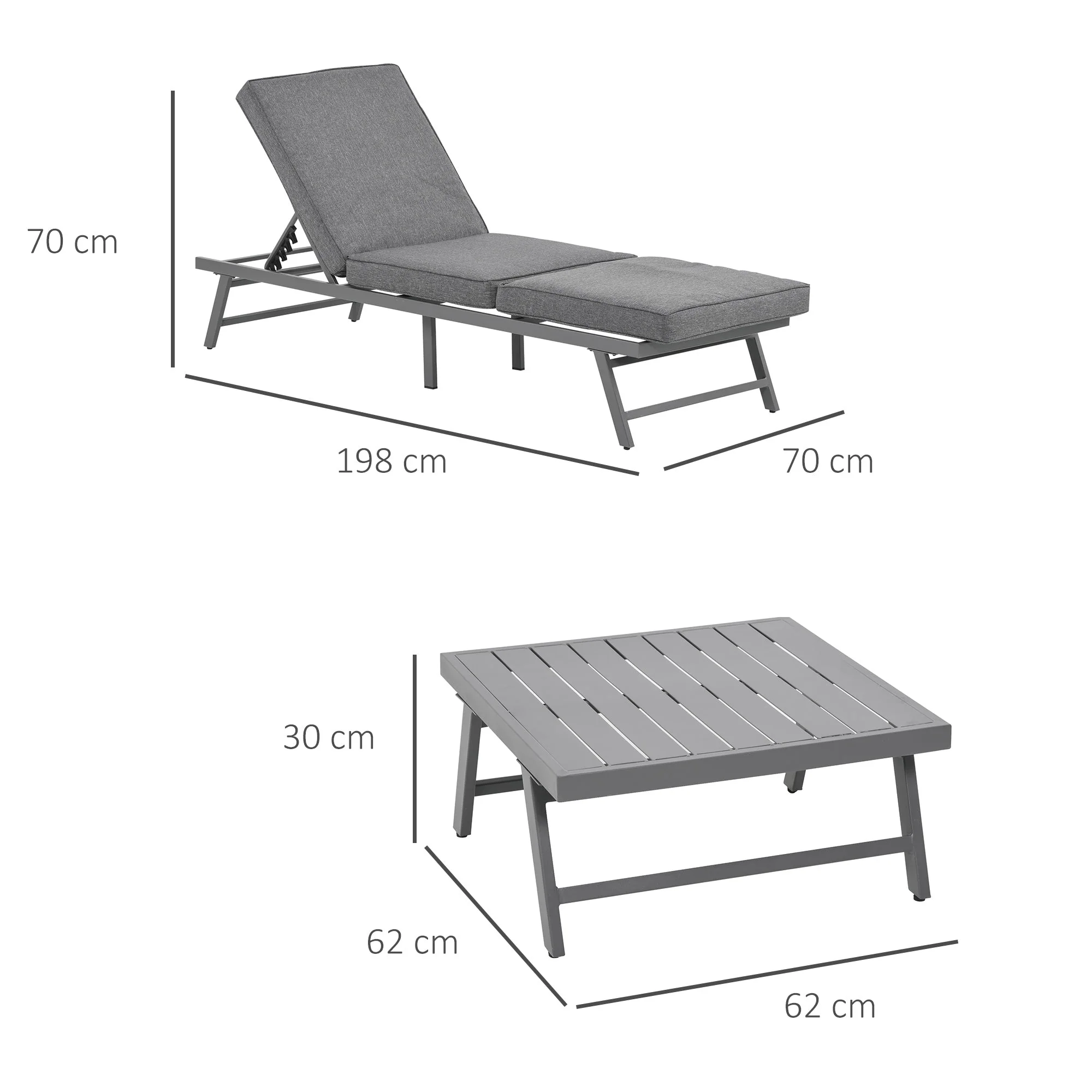 3-Piece Garden Seating Set w/ Convertible Sofa Lounge Table Padded Cushions Outdoor Patio Furniture Couch Grey - Image 3