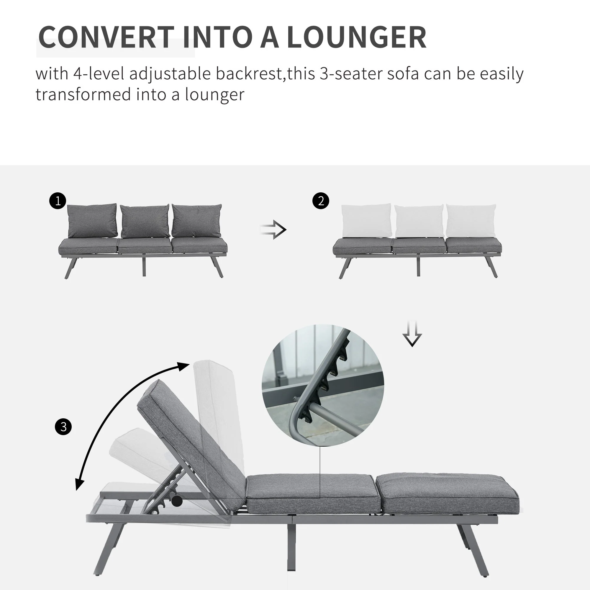 3-Piece Garden Seating Set w/ Convertible Sofa Lounge Table Padded Cushions Outdoor Patio Furniture Couch Grey - Image 4