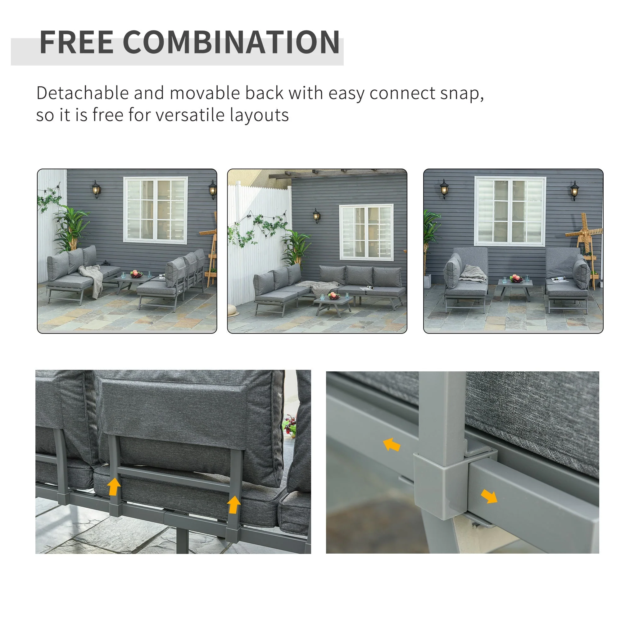 3-Piece Garden Seating Set w/ Convertible Sofa Lounge Table Padded Cushions Outdoor Patio Furniture Couch Grey - Image 5