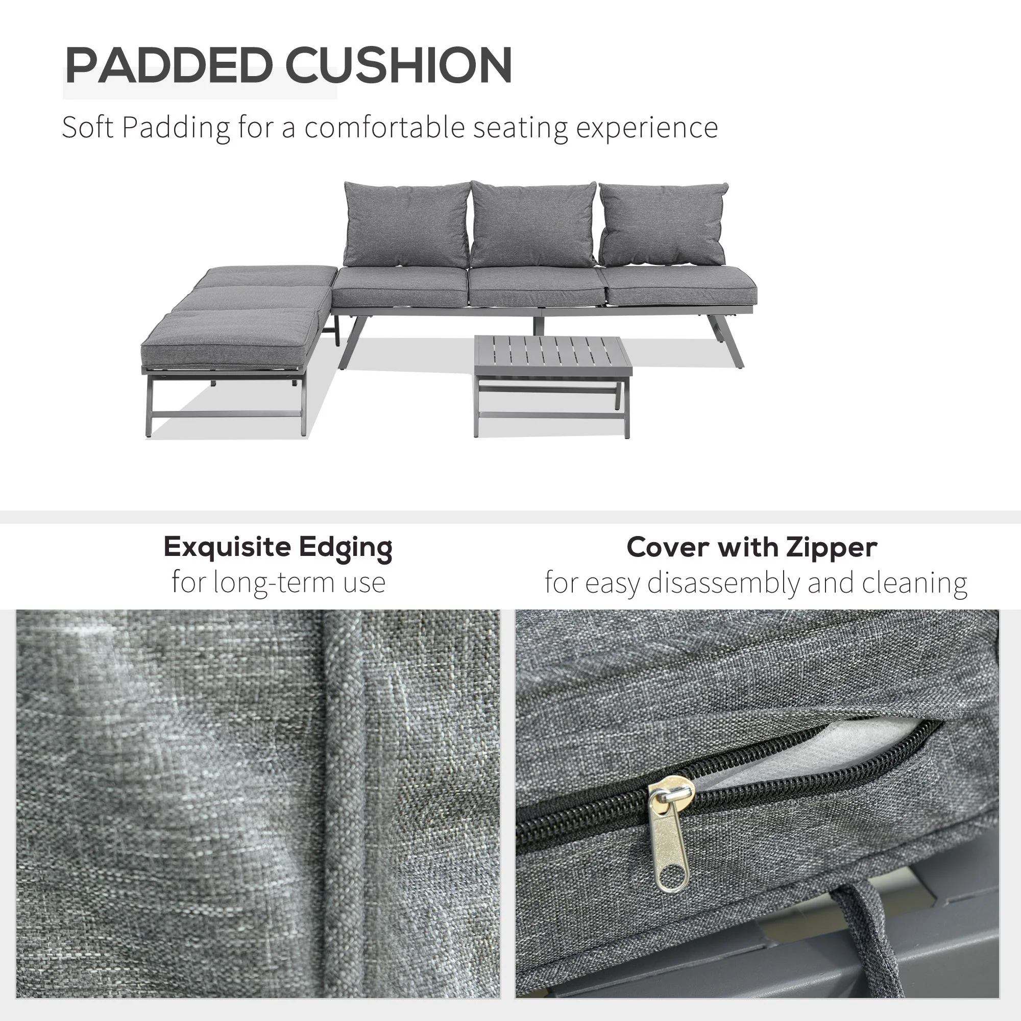 3-Piece Garden Seating Set w/ Convertible Sofa Lounge Table Padded Cushions Outdoor Patio Furniture Couch Grey - Image 6