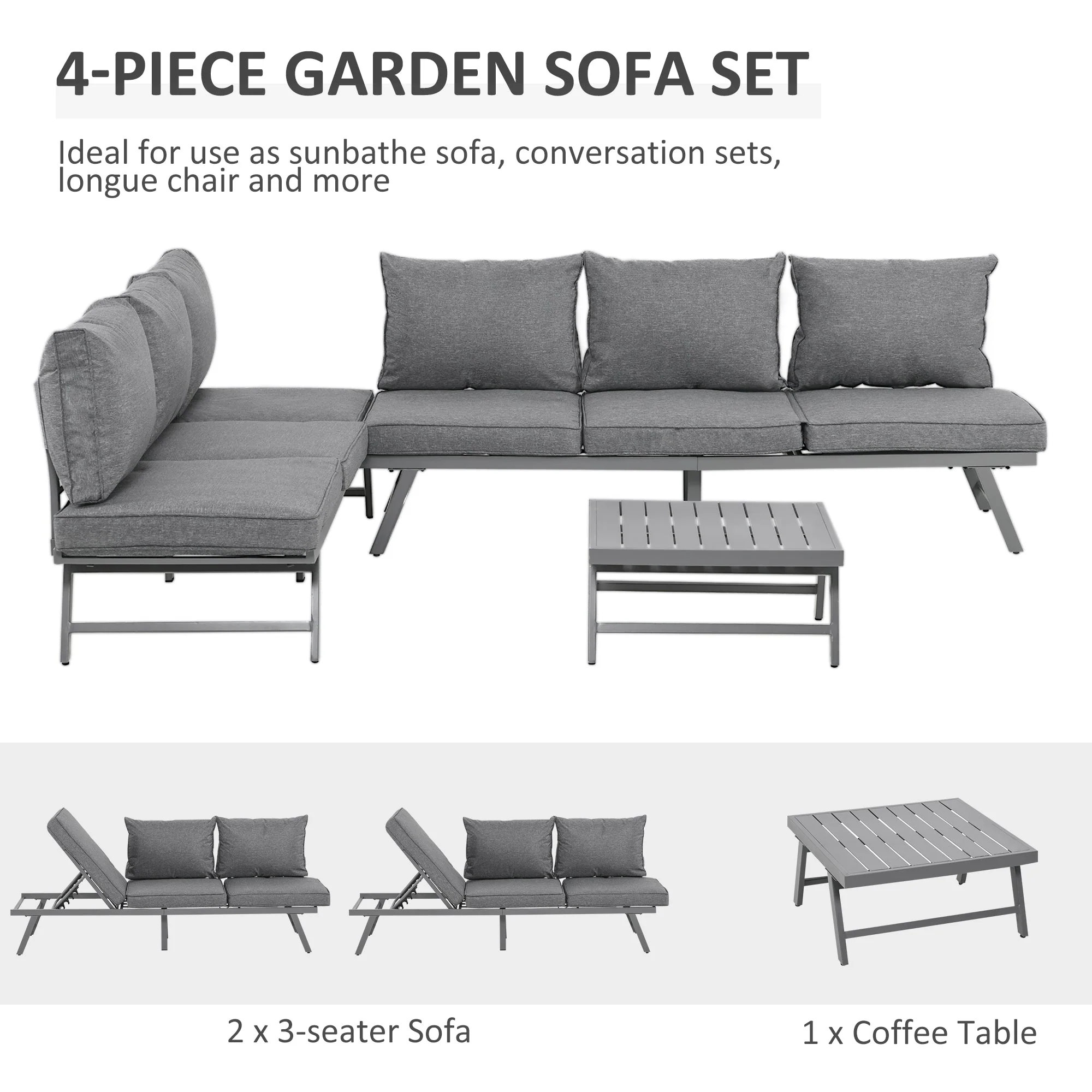 3-Piece Garden Seating Set w/ Convertible Sofa Lounge Table Padded Cushions Outdoor Patio Furniture Couch Grey - Image 7