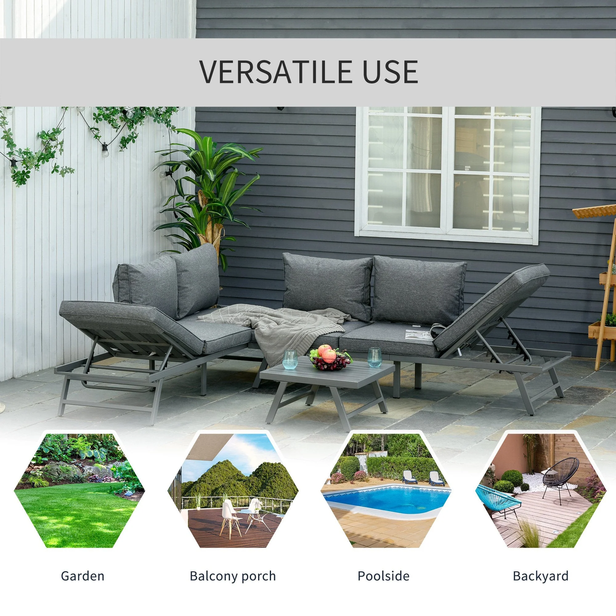 3-Piece Garden Seating Set w/ Convertible Sofa Lounge Table Padded Cushions Outdoor Patio Furniture Couch Grey - Image 8