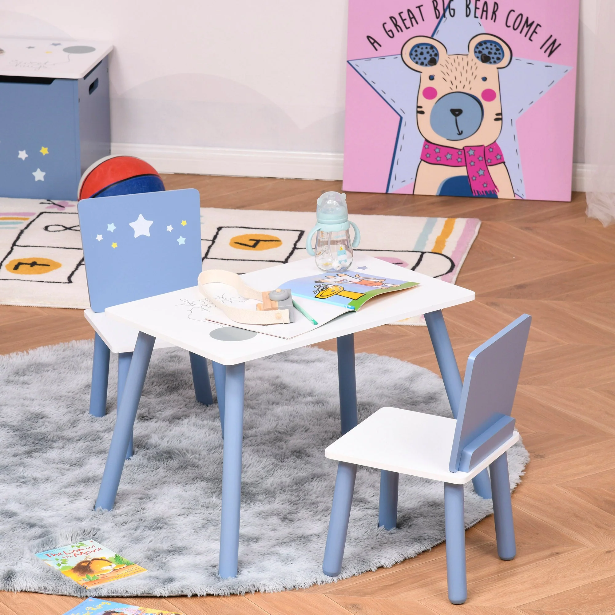 3-Piece Kids Table & Chairs Set w/ Wood Legs Safe Corners Cute Stars Seating Mini Furniture Home Playroom Bedroom Dining Room Blue - Image 2