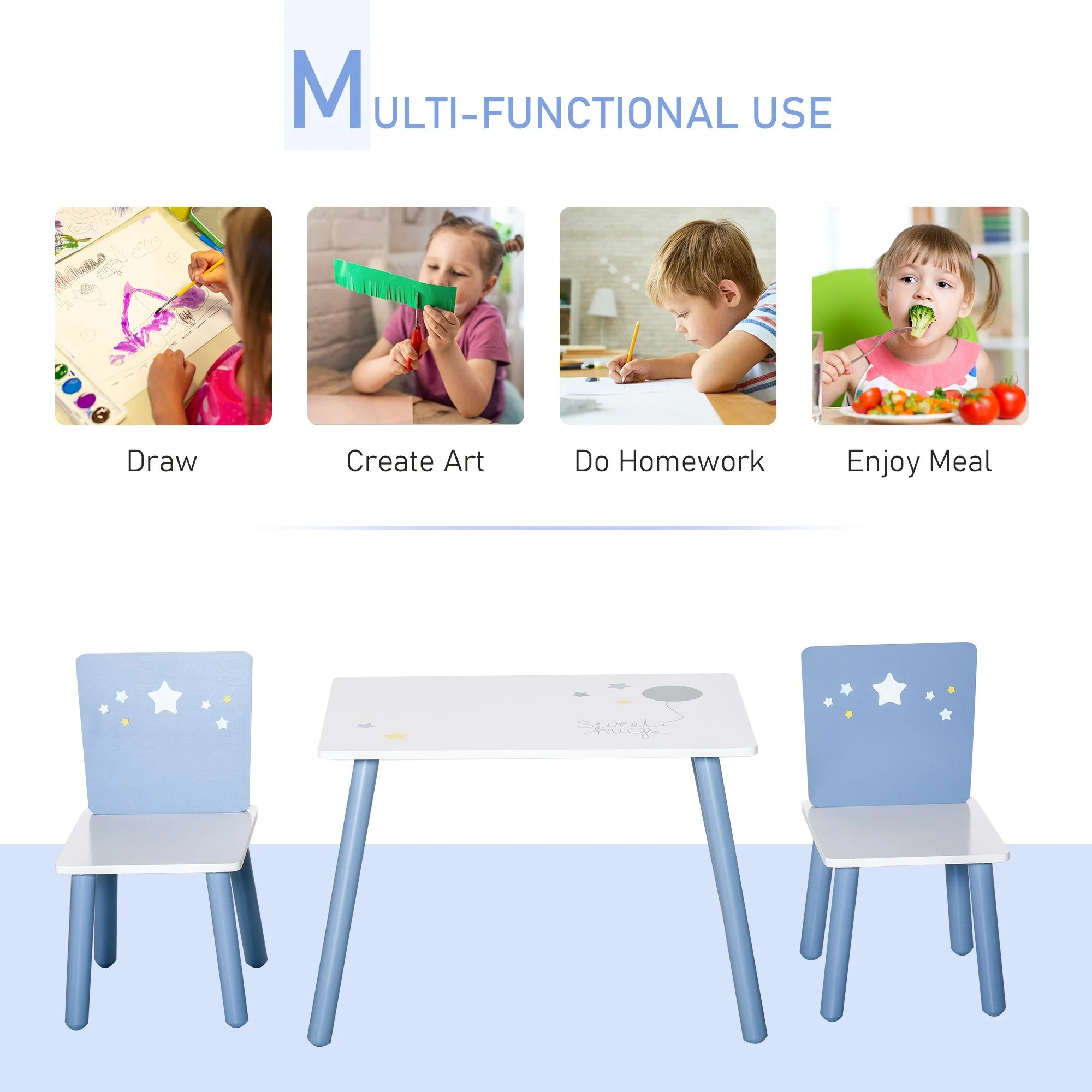 3-Piece Kids Table & Chairs Set w/ Wood Legs Safe Corners Cute Stars Seating Mini Furniture Home Playroom Bedroom Dining Room Blue - Image 4