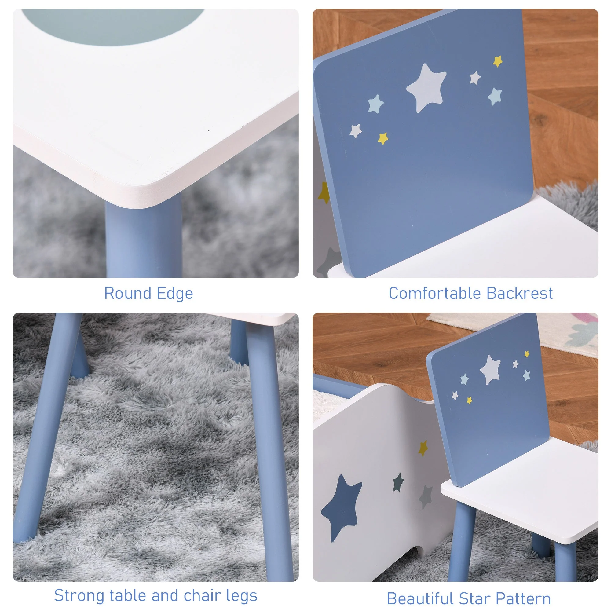 3-Piece Kids Table & Chairs Set w/ Wood Legs Safe Corners Cute Stars Seating Mini Furniture Home Playroom Bedroom Dining Room Blue - Image 6