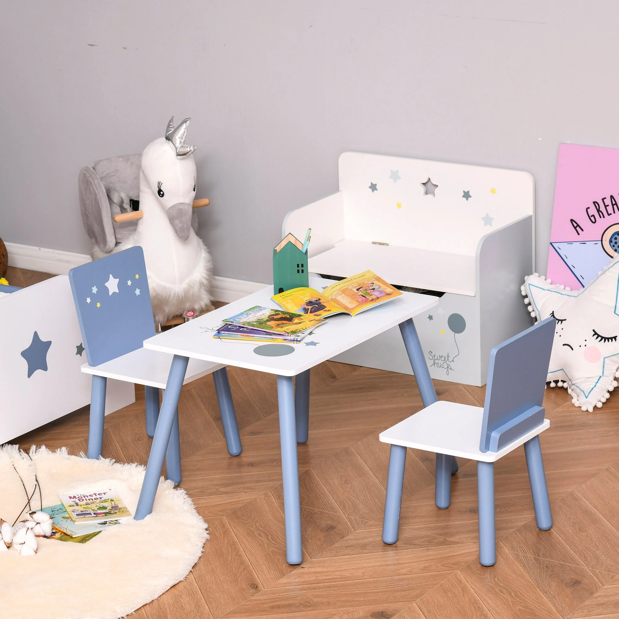 3-Piece Kids Table & Chairs Set w/ Wood Legs Safe Corners Cute Stars Seating Mini Furniture Home Playroom Bedroom Dining Room Blue - Image 9