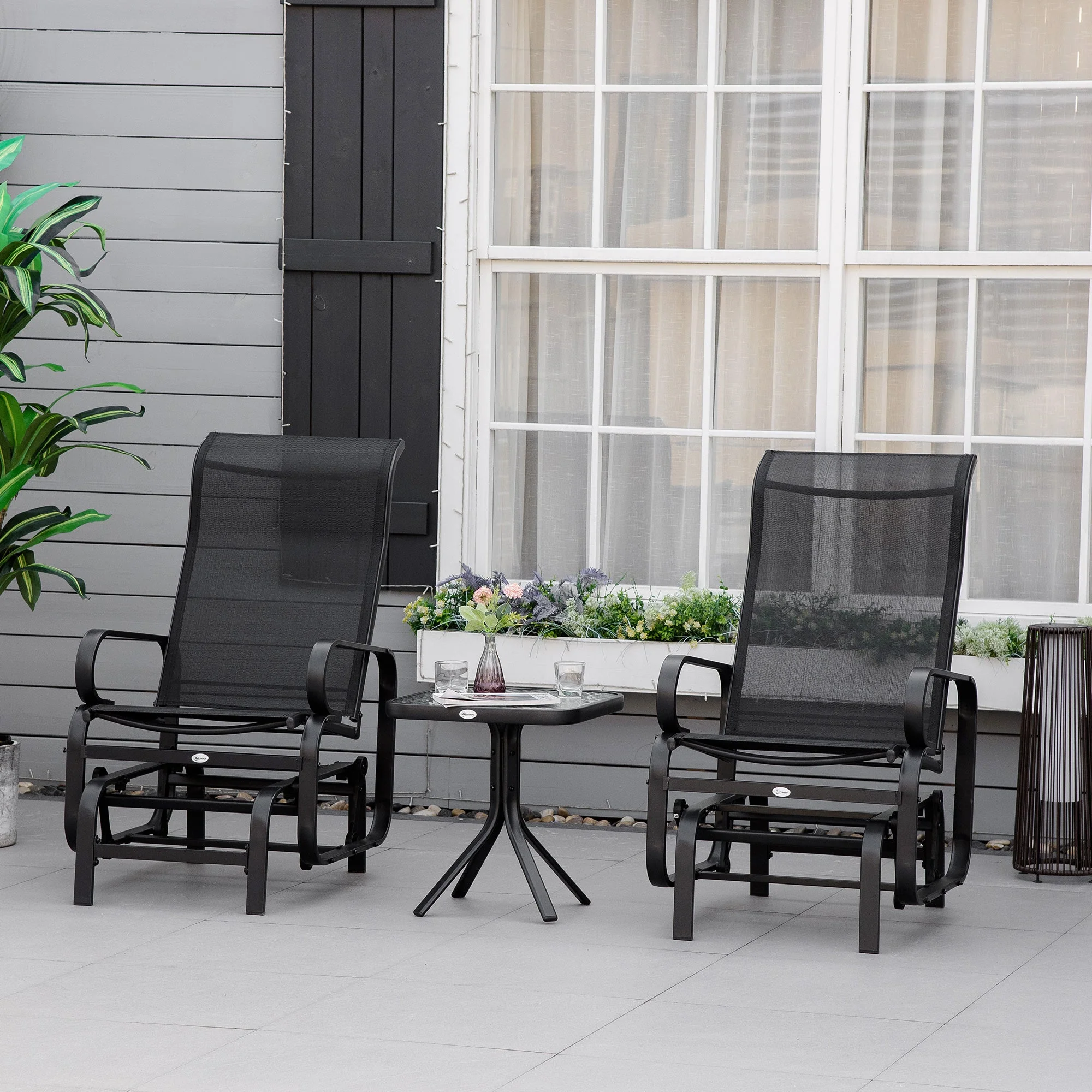 3-Piece Metal Outdoor Gliding Rocking Chair With Tea Table Patio Garden Comfortable Swing Chair Black - Image 2
