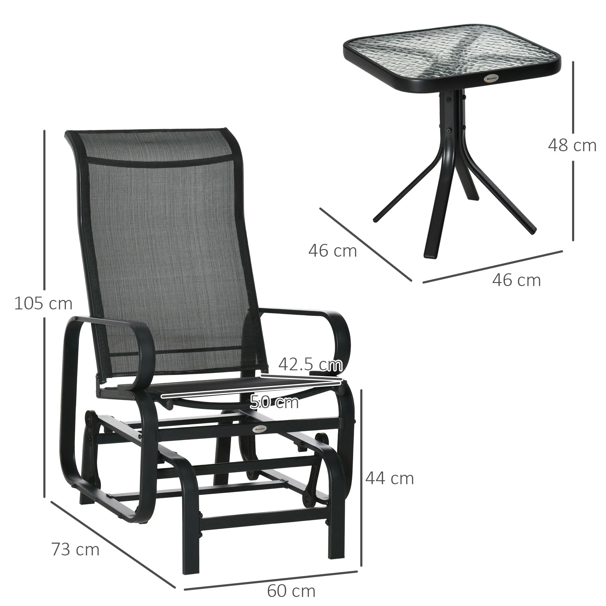 3-Piece Metal Outdoor Gliding Rocking Chair With Tea Table Patio Garden Comfortable Swing Chair Black - Image 3