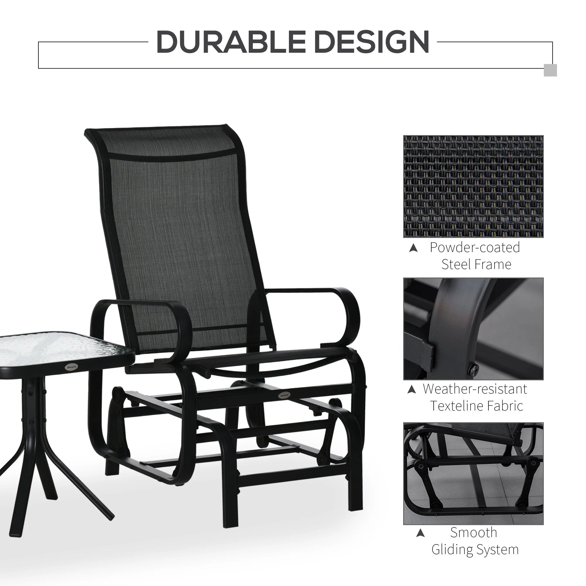 3-Piece Metal Outdoor Gliding Rocking Chair With Tea Table Patio Garden Comfortable Swing Chair Black - Image 5