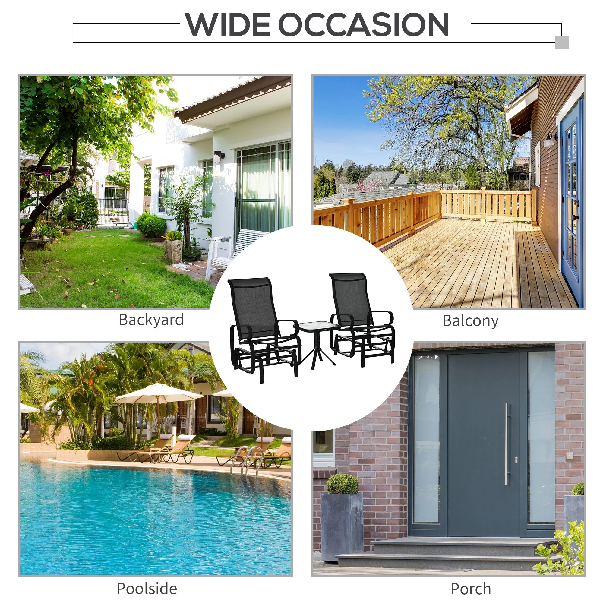 3-Piece Metal Outdoor Gliding Rocking Chair With Tea Table Patio Garden Comfortable Swing Chair Black - Image 7