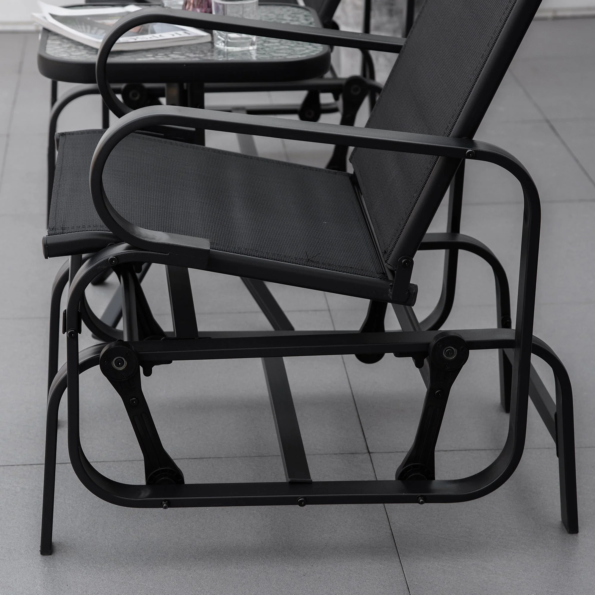3-Piece Metal Outdoor Gliding Rocking Chair With Tea Table Patio Garden Comfortable Swing Chair Black - Image 9