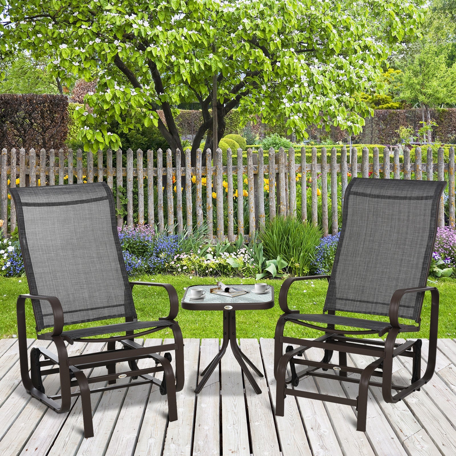 3-Piece Metal Outdoor Gliding Rocking Chair With Tea Table Patio Garden Comfortable Swing Chair Brown - Image 2