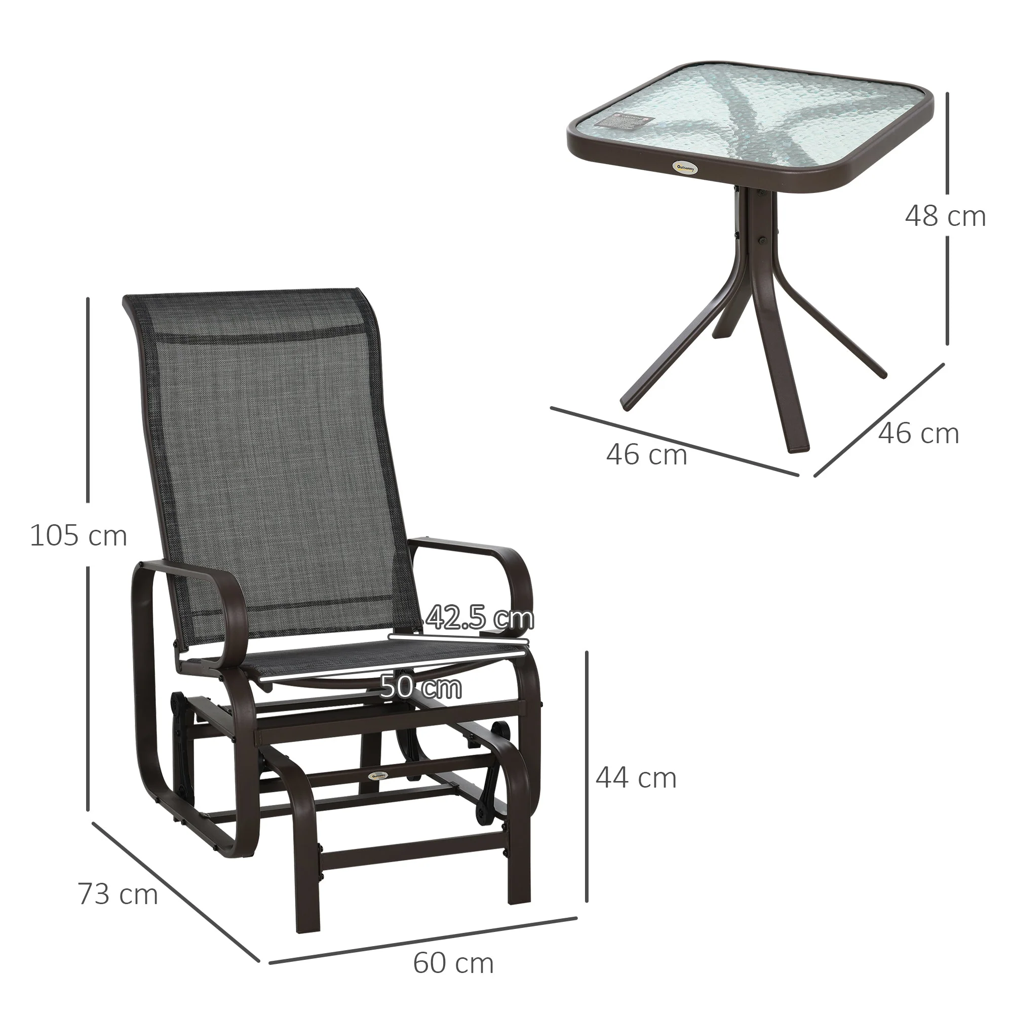 3-Piece Metal Outdoor Gliding Rocking Chair With Tea Table Patio Garden Comfortable Swing Chair Brown - Image 3