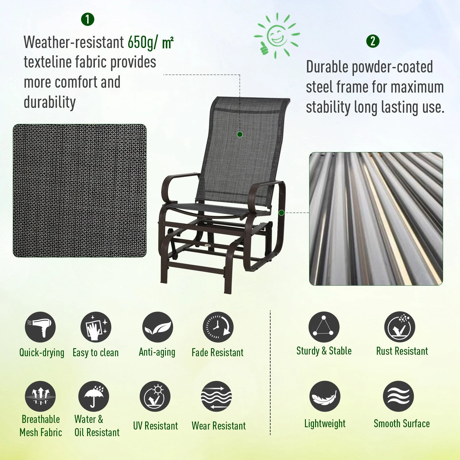 3-Piece Metal Outdoor Gliding Rocking Chair With Tea Table Patio Garden Comfortable Swing Chair Brown - Image 4