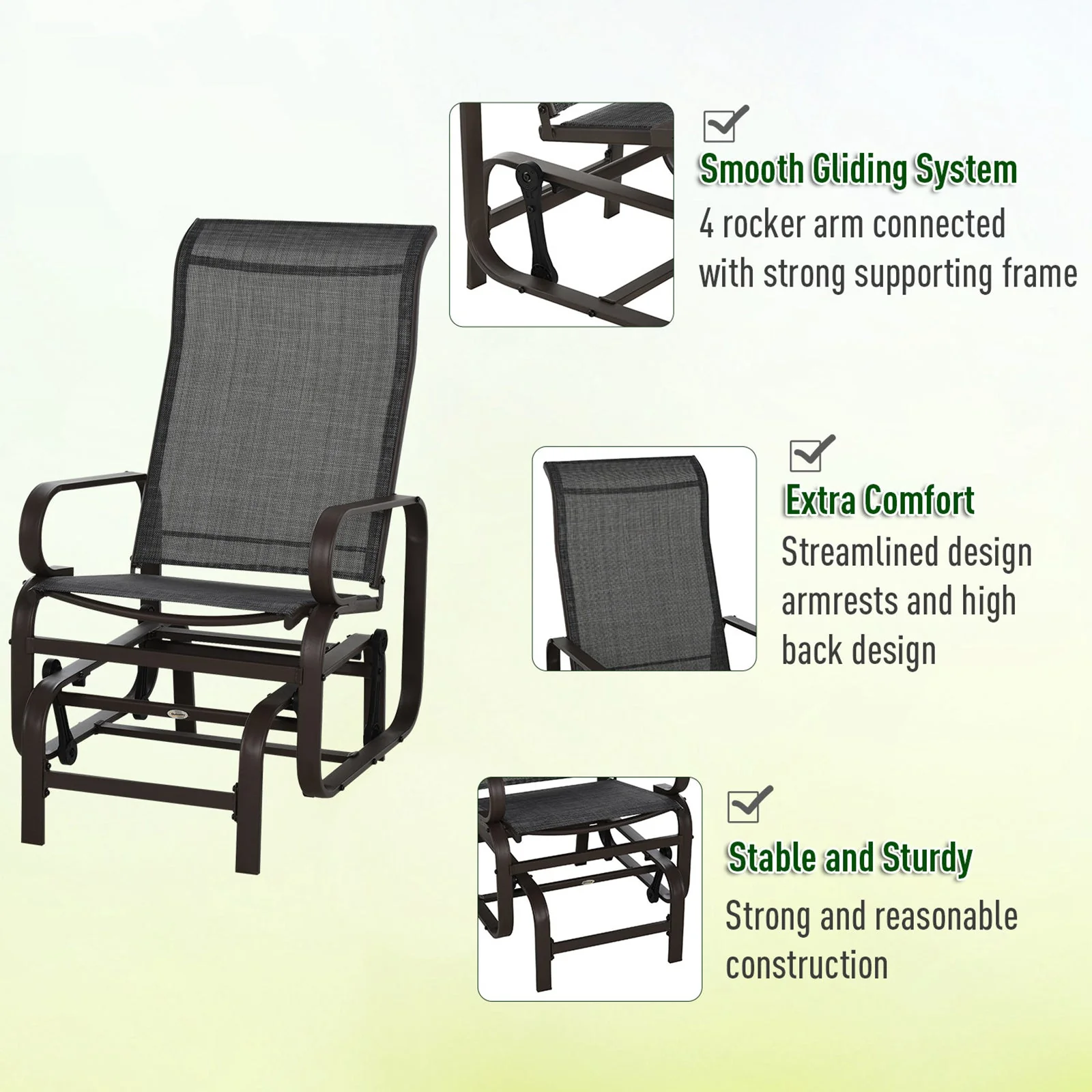 3-Piece Metal Outdoor Gliding Rocking Chair With Tea Table Patio Garden Comfortable Swing Chair Brown - Image 5