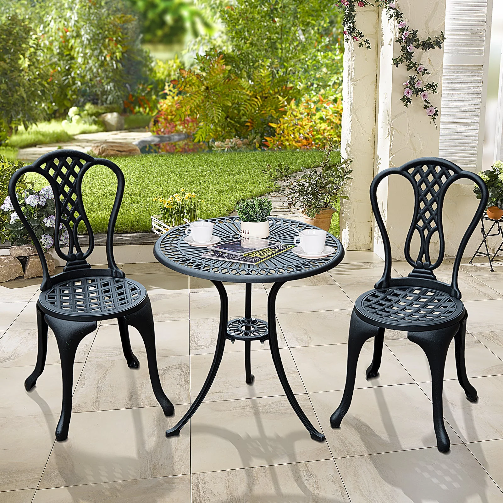 3-Piece Patio Cast Aluminium Bistro Set Garden Outdoor Furniture Table and Chairs Shabby Chic Style - Image 2