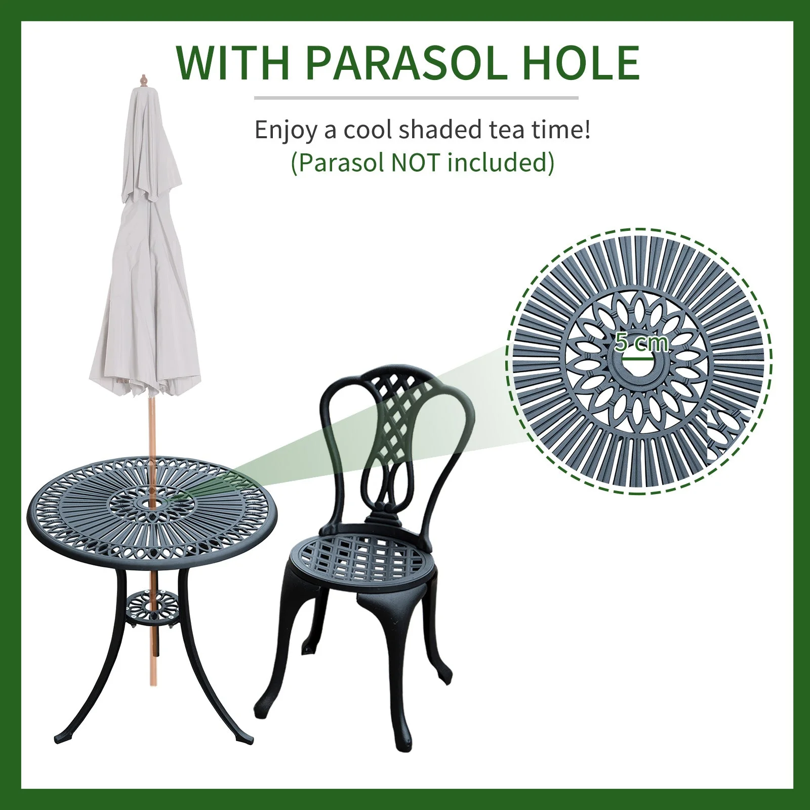 3-Piece Patio Cast Aluminium Bistro Set Garden Outdoor Furniture Table and Chairs Shabby Chic Style - Image 4