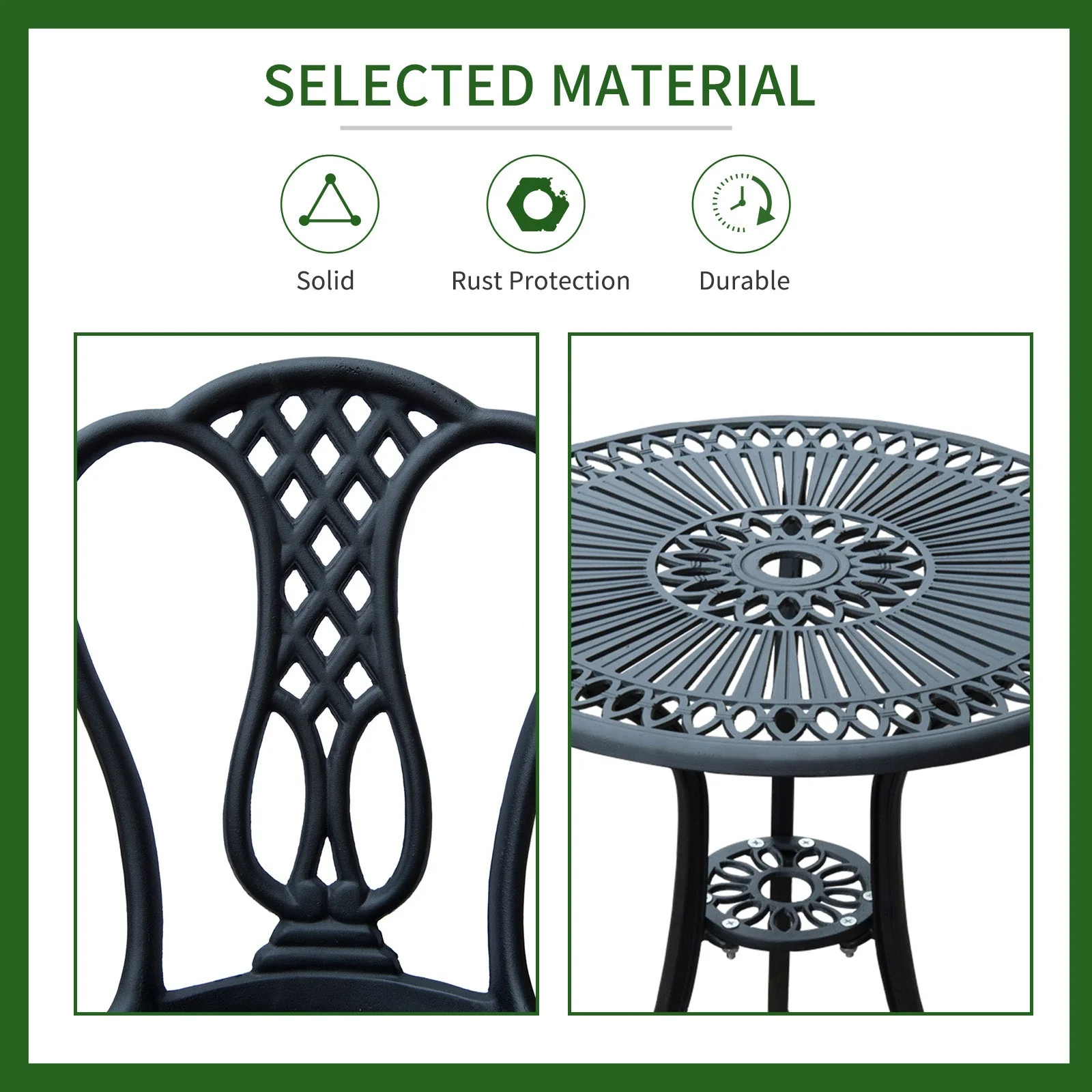 3-Piece Patio Cast Aluminium Bistro Set Garden Outdoor Furniture Table and Chairs Shabby Chic Style - Image 5
