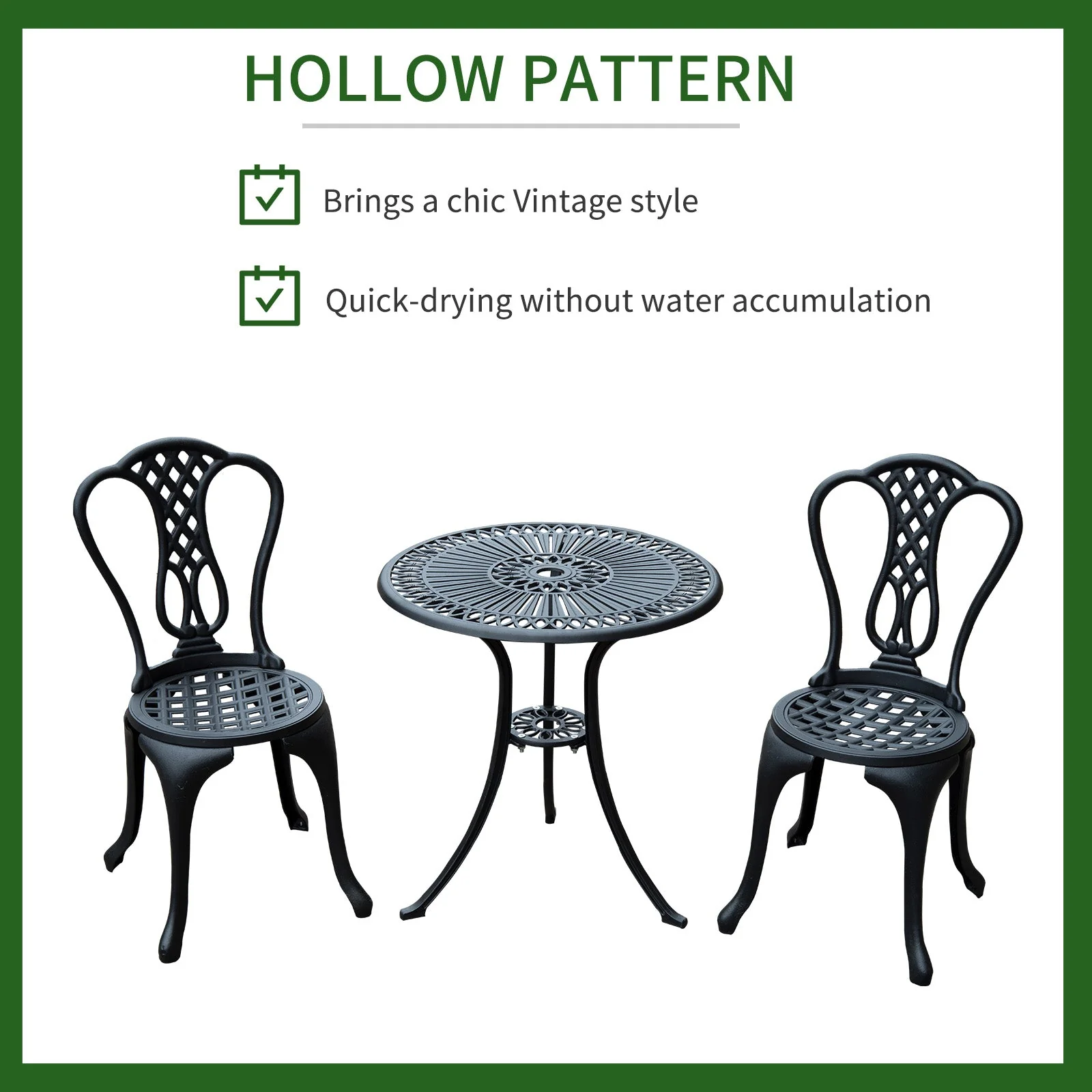 3-Piece Patio Cast Aluminium Bistro Set Garden Outdoor Furniture Table and Chairs Shabby Chic Style - Image 6