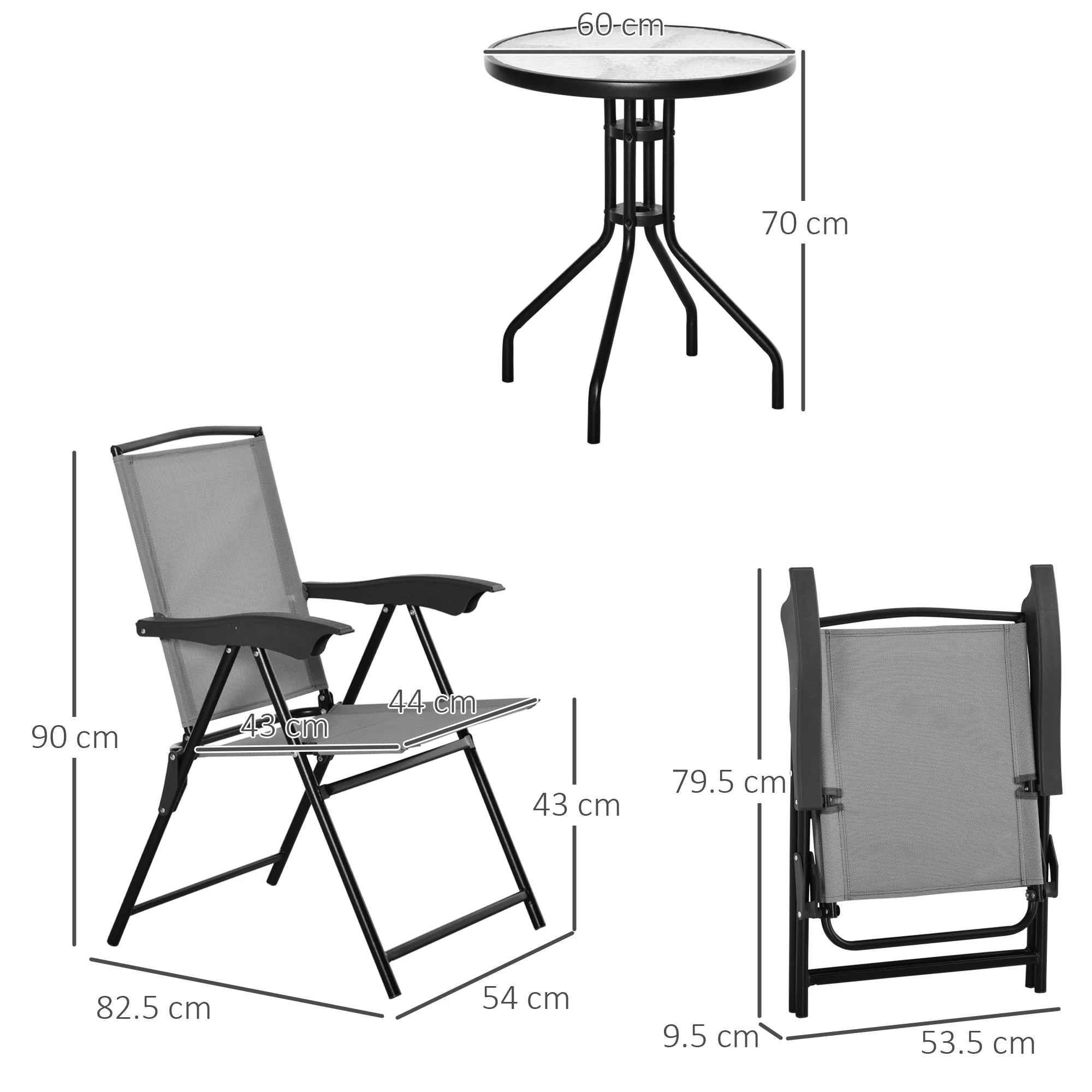 3-Piece Patio Furniture Bistro Set 2 Folding Chairs 1 Tempered Glass Table Adjustable Backrest - Grey - Image 2
