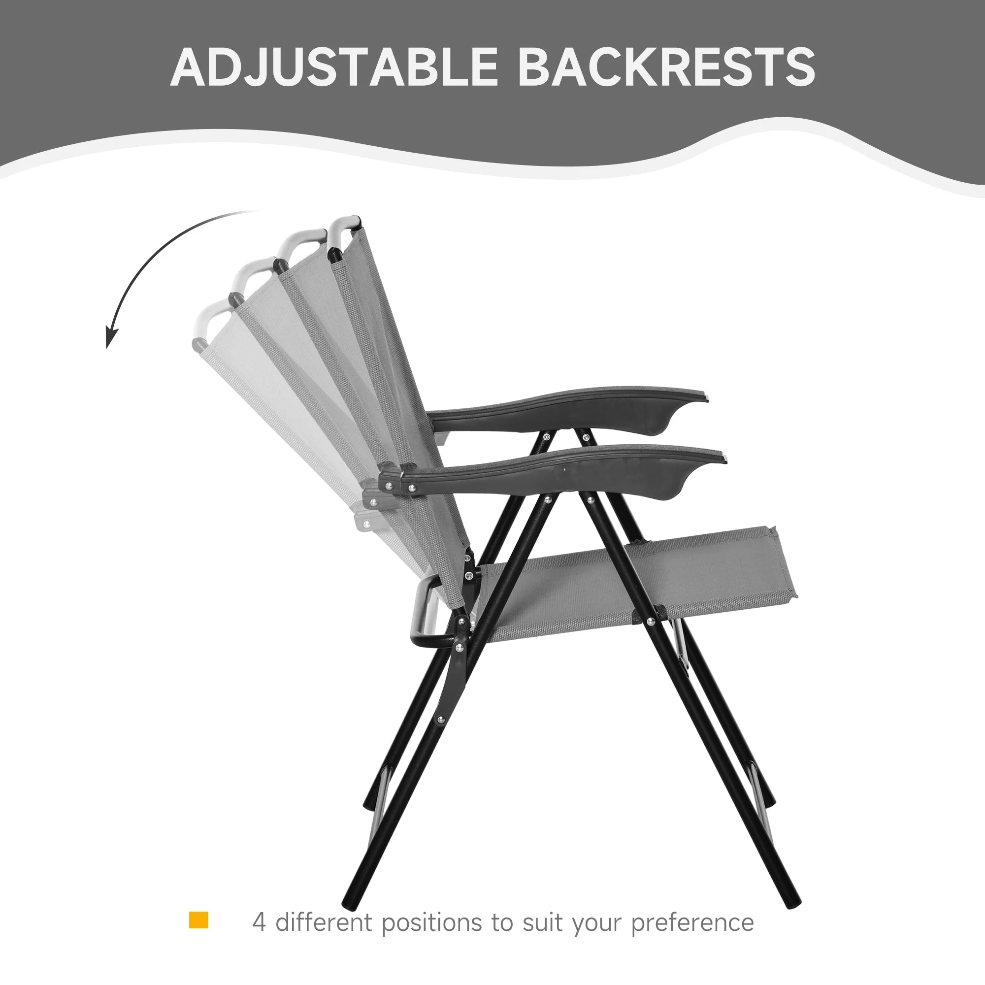 3-Piece Patio Furniture Bistro Set 2 Folding Chairs 1 Tempered Glass Table Adjustable Backrest - Grey - Image 3