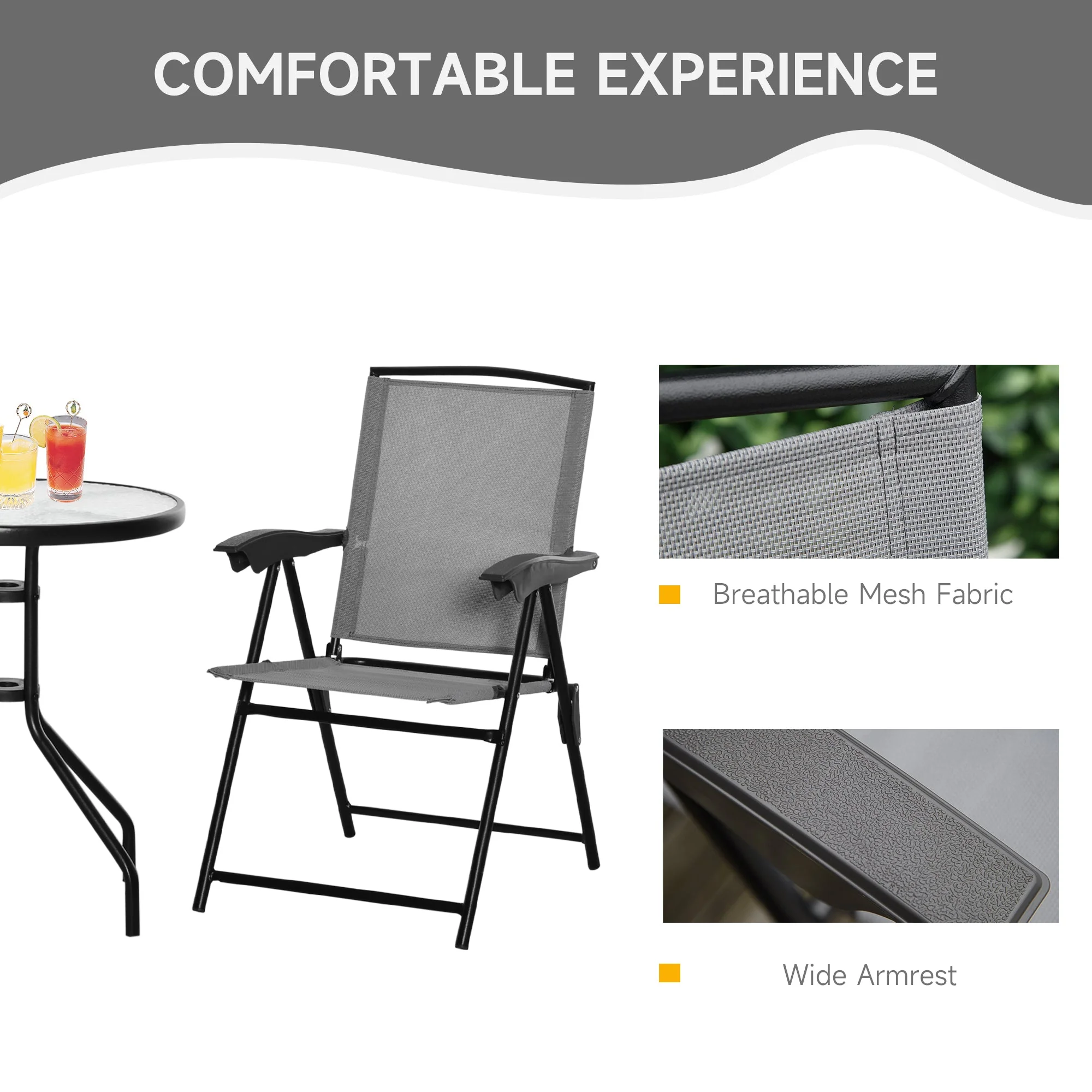 3-Piece Patio Furniture Bistro Set 2 Folding Chairs 1 Tempered Glass Table Adjustable Backrest - Grey - Image 4