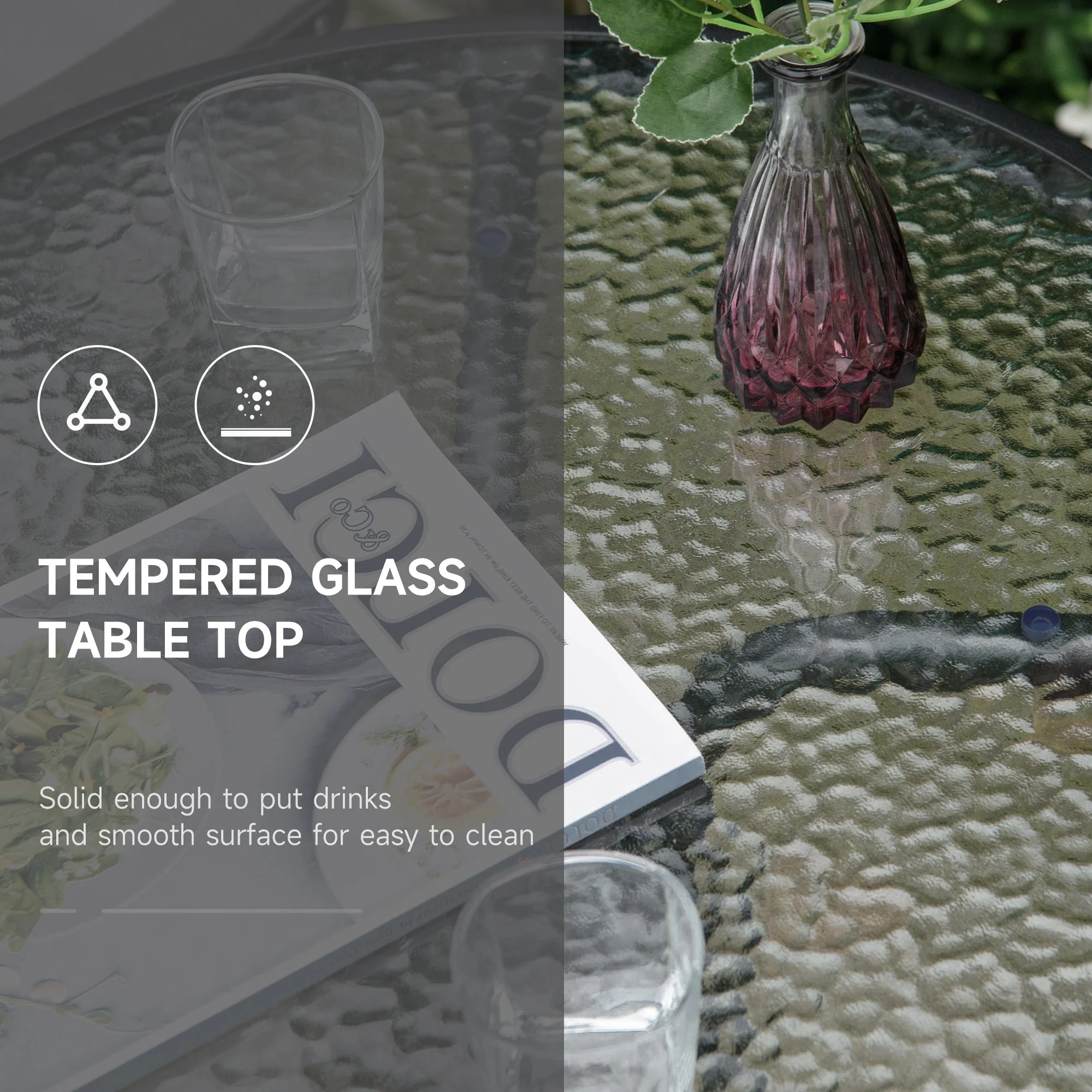 3-Piece Patio Furniture Bistro Set 2 Folding Chairs 1 Tempered Glass Table Adjustable Backrest - Grey - Image 5