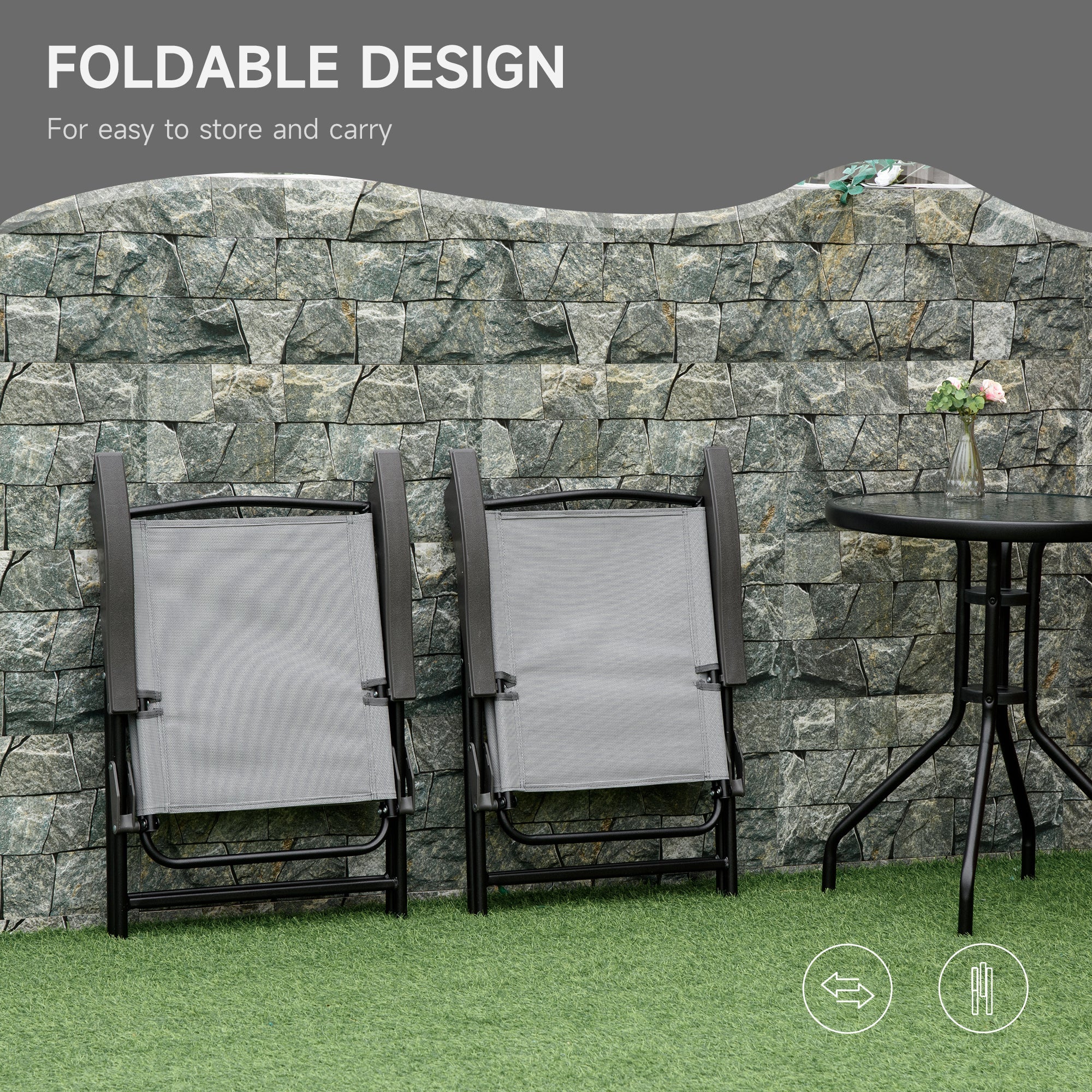 3-Piece Patio Furniture Bistro Set 2 Folding Chairs 1 Tempered Glass Table Adjustable Backrest - Grey - Image 6