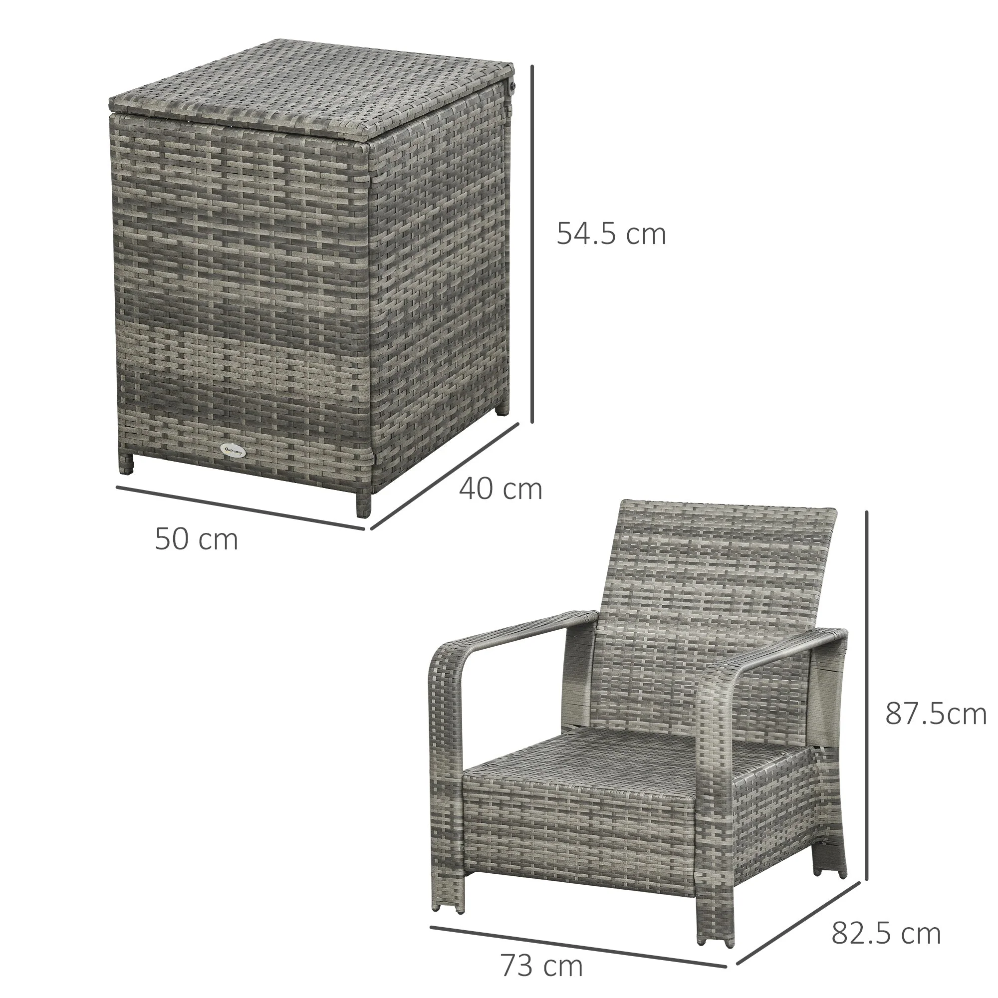 3-Piece PE Rattan Wicker Garden Furniture Patio Bistro Set Weave Conservatory Sofa Storage Table and Chairs Set Blue Cushion Grey Wicker - Image 2