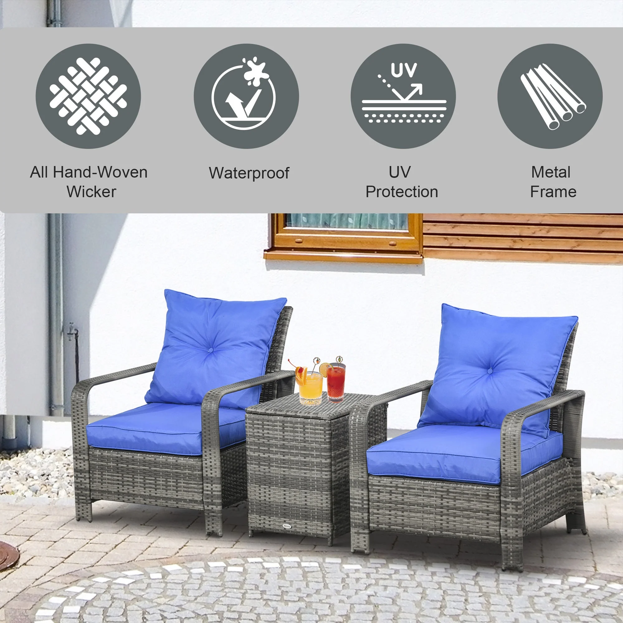 3-Piece PE Rattan Wicker Garden Furniture Patio Bistro Set Weave Conservatory Sofa Storage Table and Chairs Set Blue Cushion Grey Wicker - Image 3