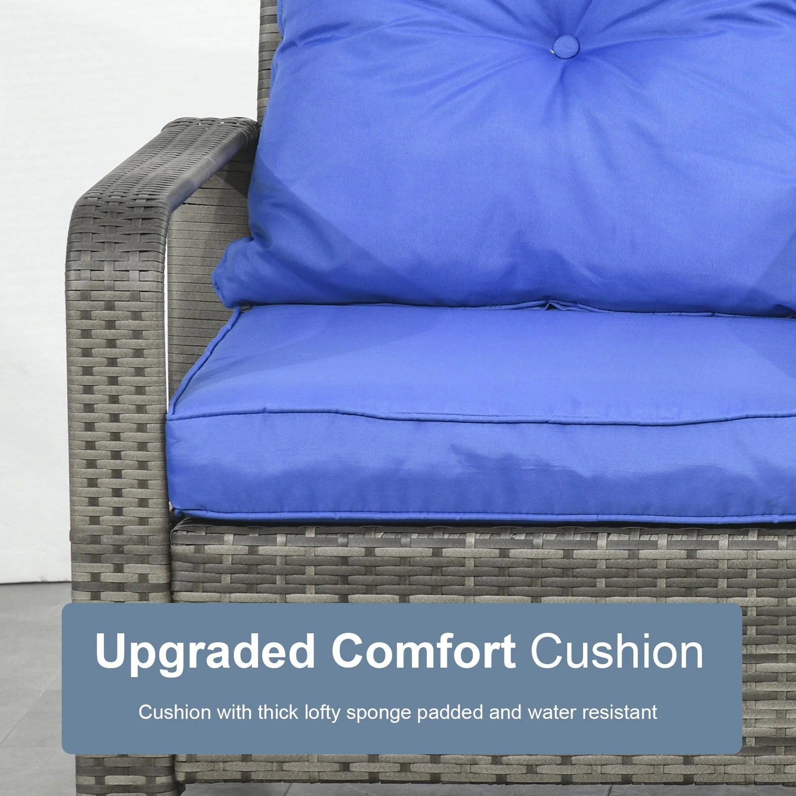 3-Piece PE Rattan Wicker Garden Furniture Patio Bistro Set Weave Conservatory Sofa Storage Table and Chairs Set Blue Cushion Grey Wicker - Image 4