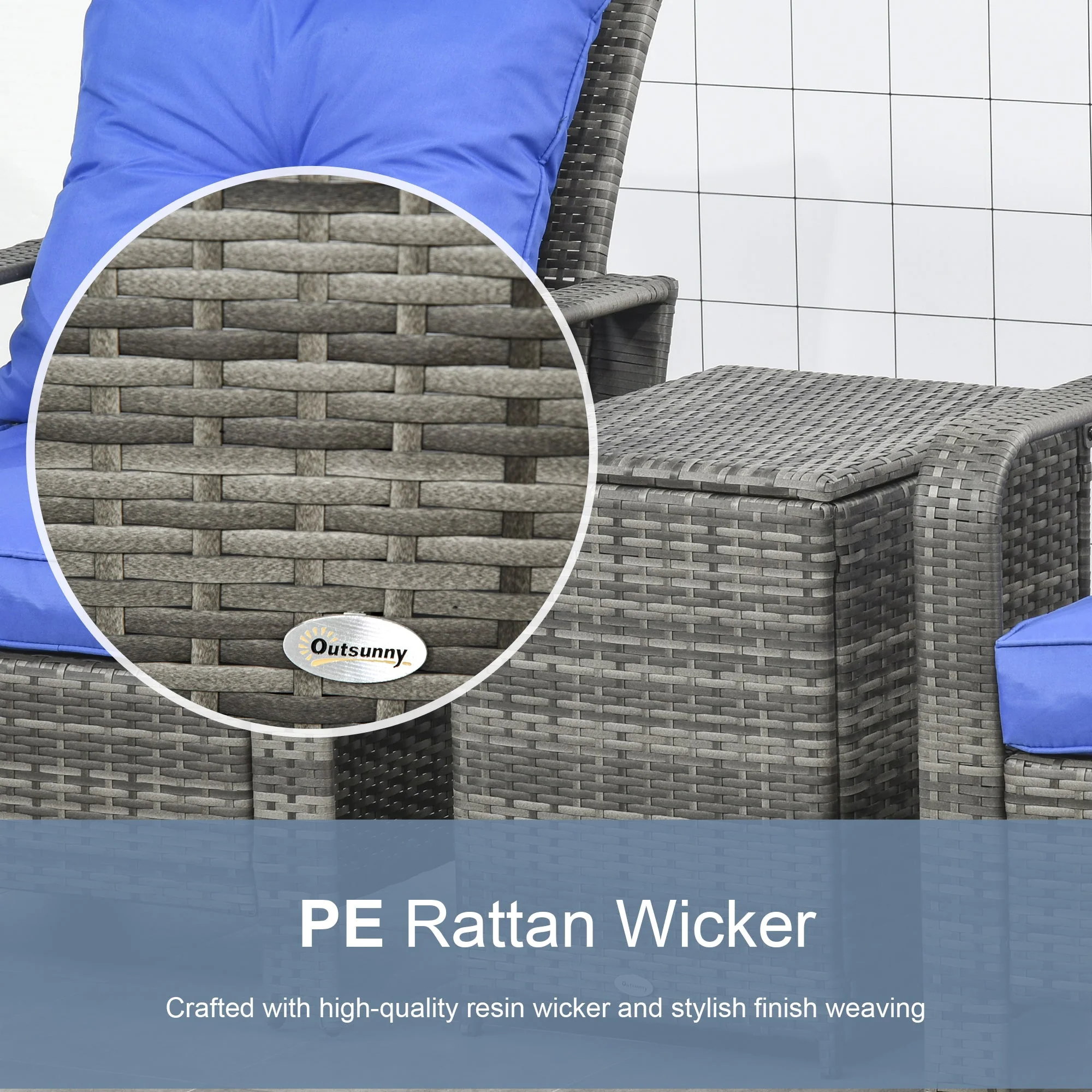 3-Piece PE Rattan Wicker Garden Furniture Patio Bistro Set Weave Conservatory Sofa Storage Table and Chairs Set Blue Cushion Grey Wicker - Image 5