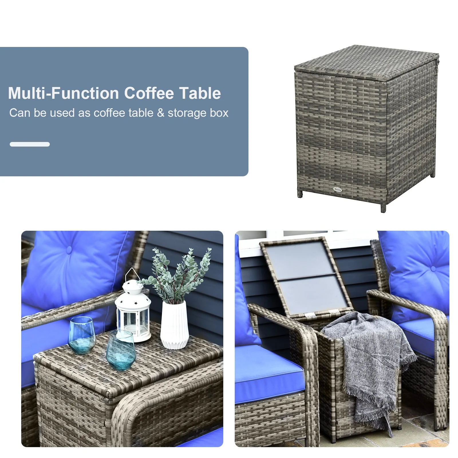 3-Piece PE Rattan Wicker Garden Furniture Patio Bistro Set Weave Conservatory Sofa Storage Table and Chairs Set Blue Cushion Grey Wicker - Image 6
