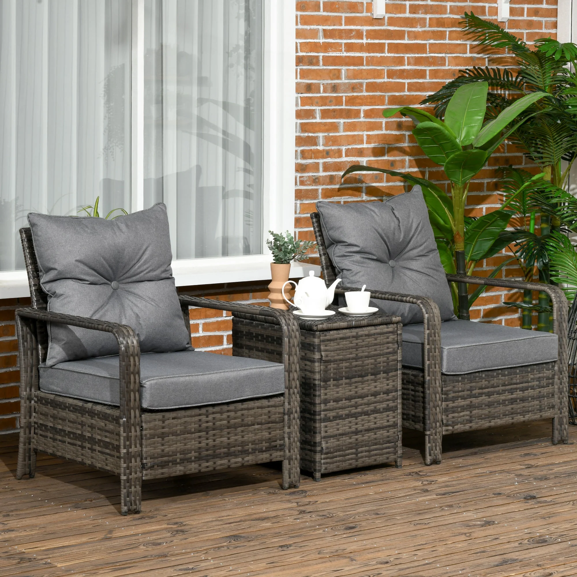 3-Piece PE Rattan Wicker Garden Furniture Patio Bistro Set Weave Conservatory Sofa Storage Table and Chairs Set Grey Cushion & Wicker - Image 2