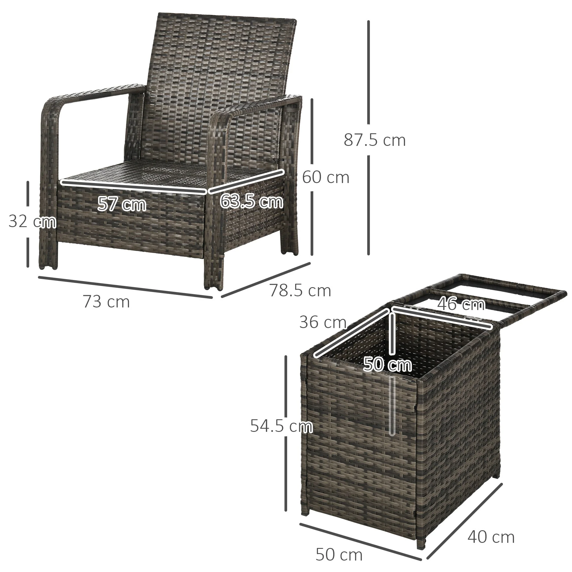 3-Piece PE Rattan Wicker Garden Furniture Patio Bistro Set Weave Conservatory Sofa Storage Table and Chairs Set Grey Cushion & Wicker - Image 3