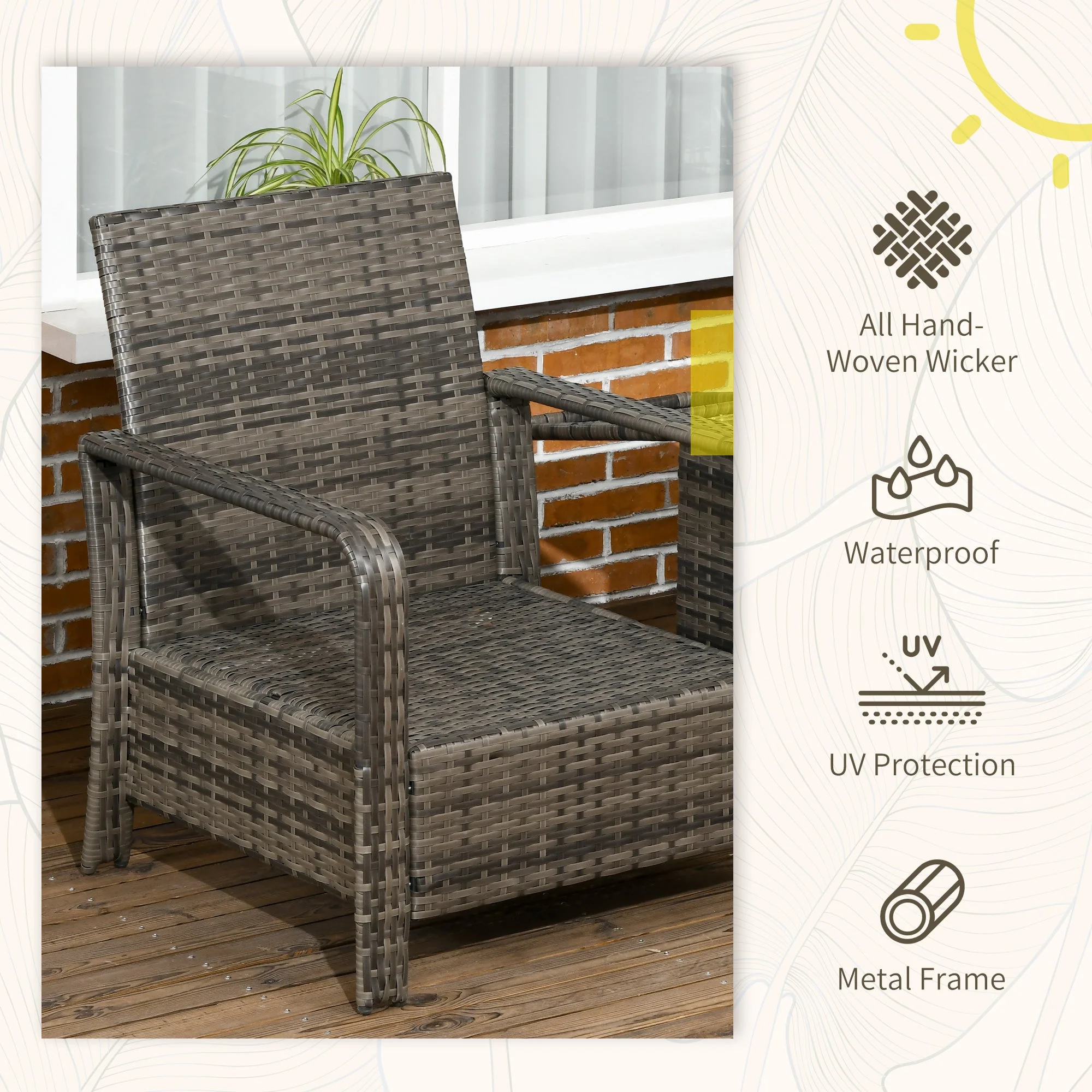 3-Piece PE Rattan Wicker Garden Furniture Patio Bistro Set Weave Conservatory Sofa Storage Table and Chairs Set Grey Cushion & Wicker - Image 4