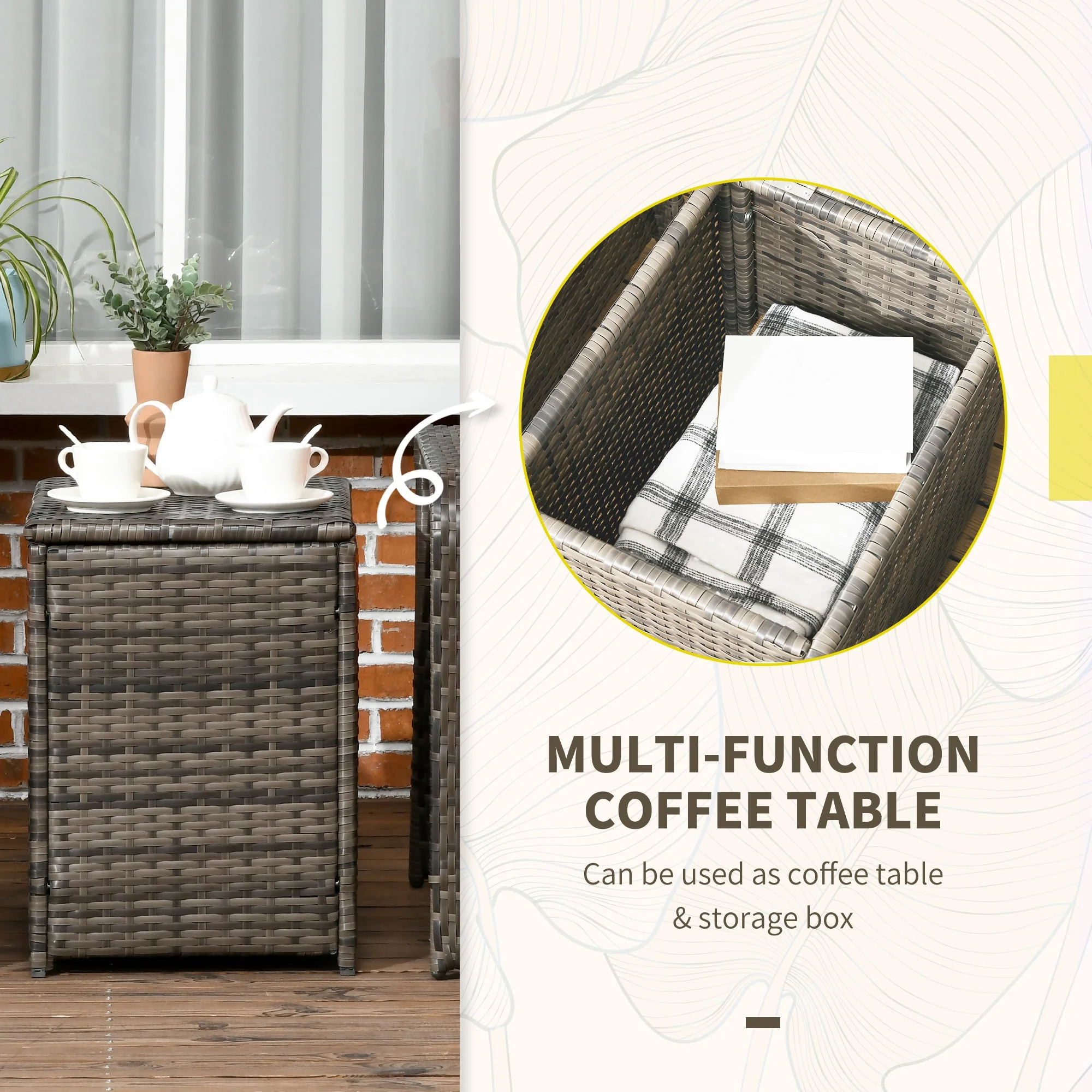 3-Piece PE Rattan Wicker Garden Furniture Patio Bistro Set Weave Conservatory Sofa Storage Table and Chairs Set Grey Cushion & Wicker - Image 5