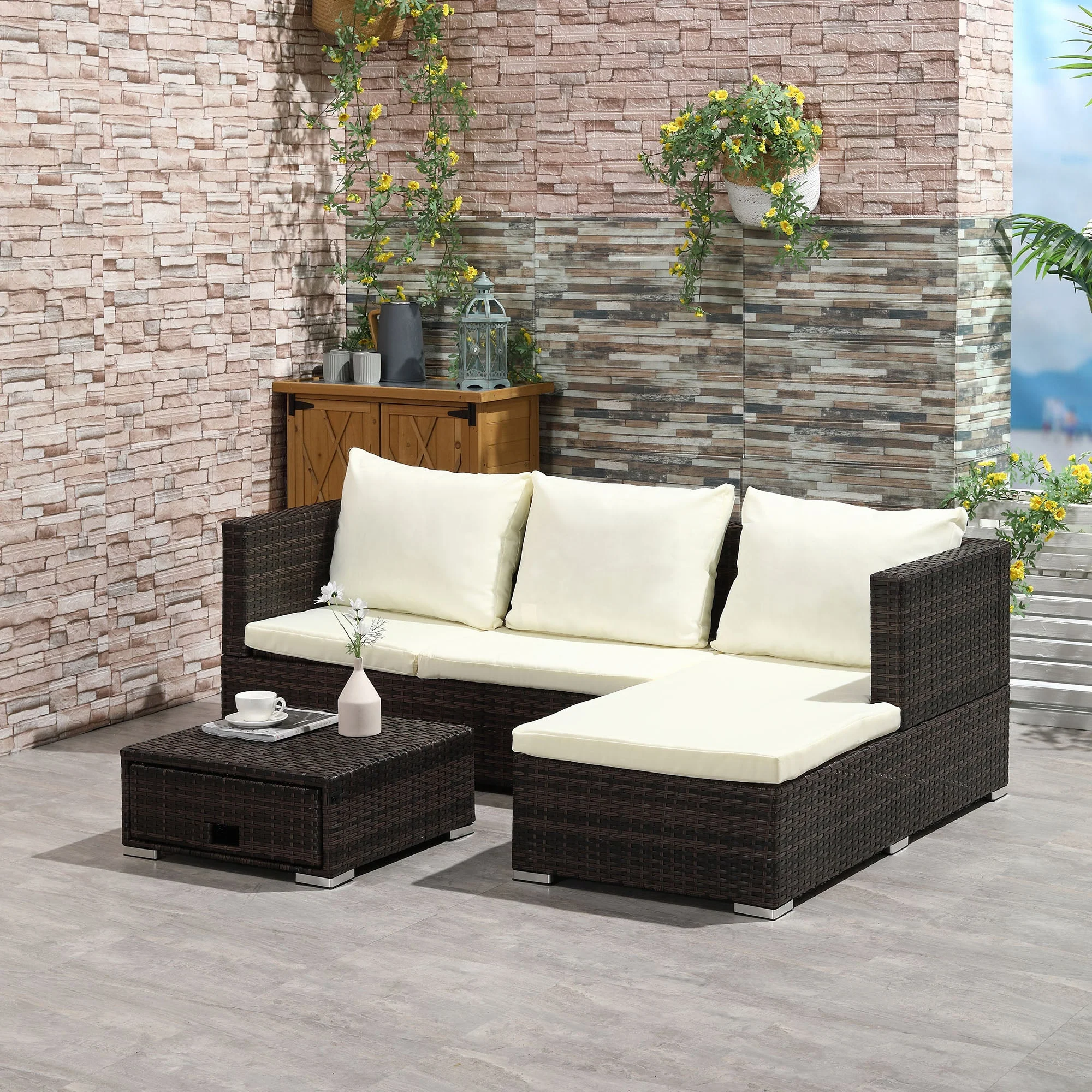 3-Piece Rattan Garden Furniture Storage Sofa Set 4 Seater Wicker Coffee Table Conservatory Sun Lounger Reclining Set Outdoor Weave with Cushion Brown - Image 9